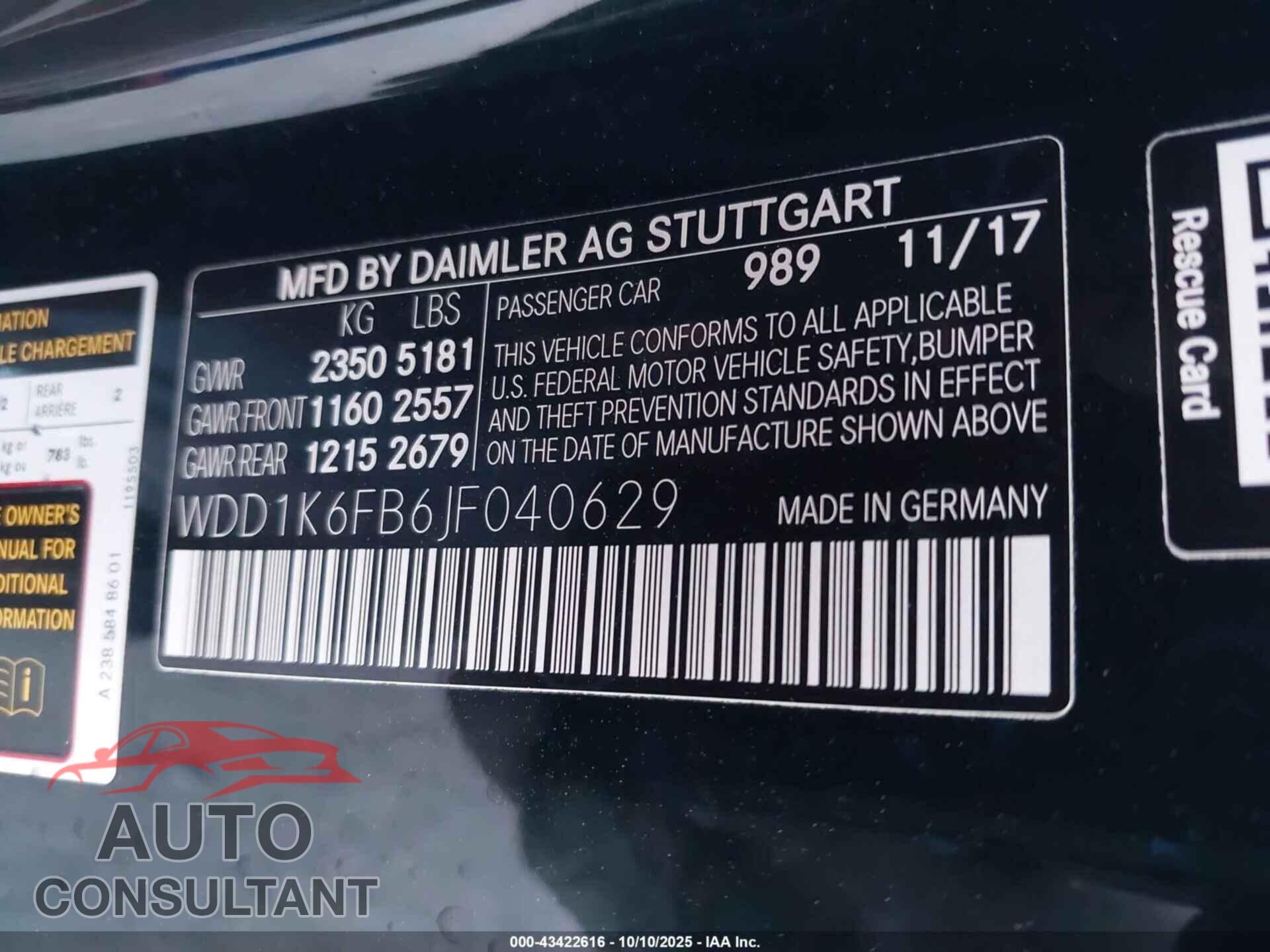 MERCEDES-BENZ E 400 2018 - WDD1K6FB6JF040629