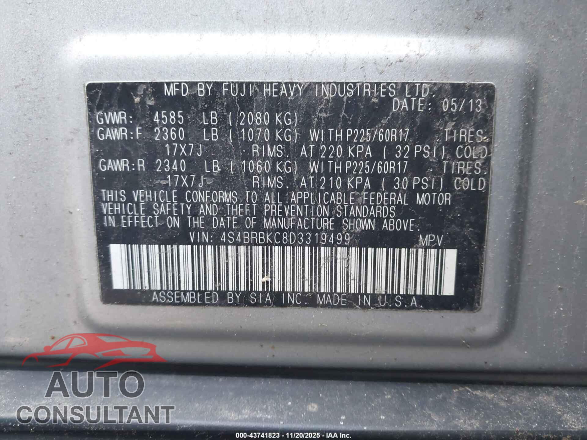 SUBARU OUTBACK 2013 - 4S4BRBKC8D3319499