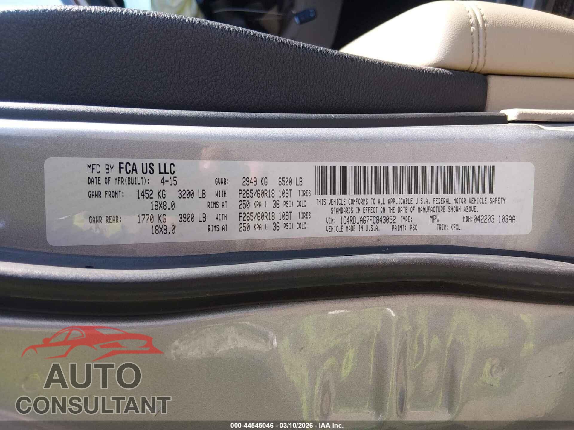 DODGE DURANGO 2015 - 1C4RDJAG7FC843052