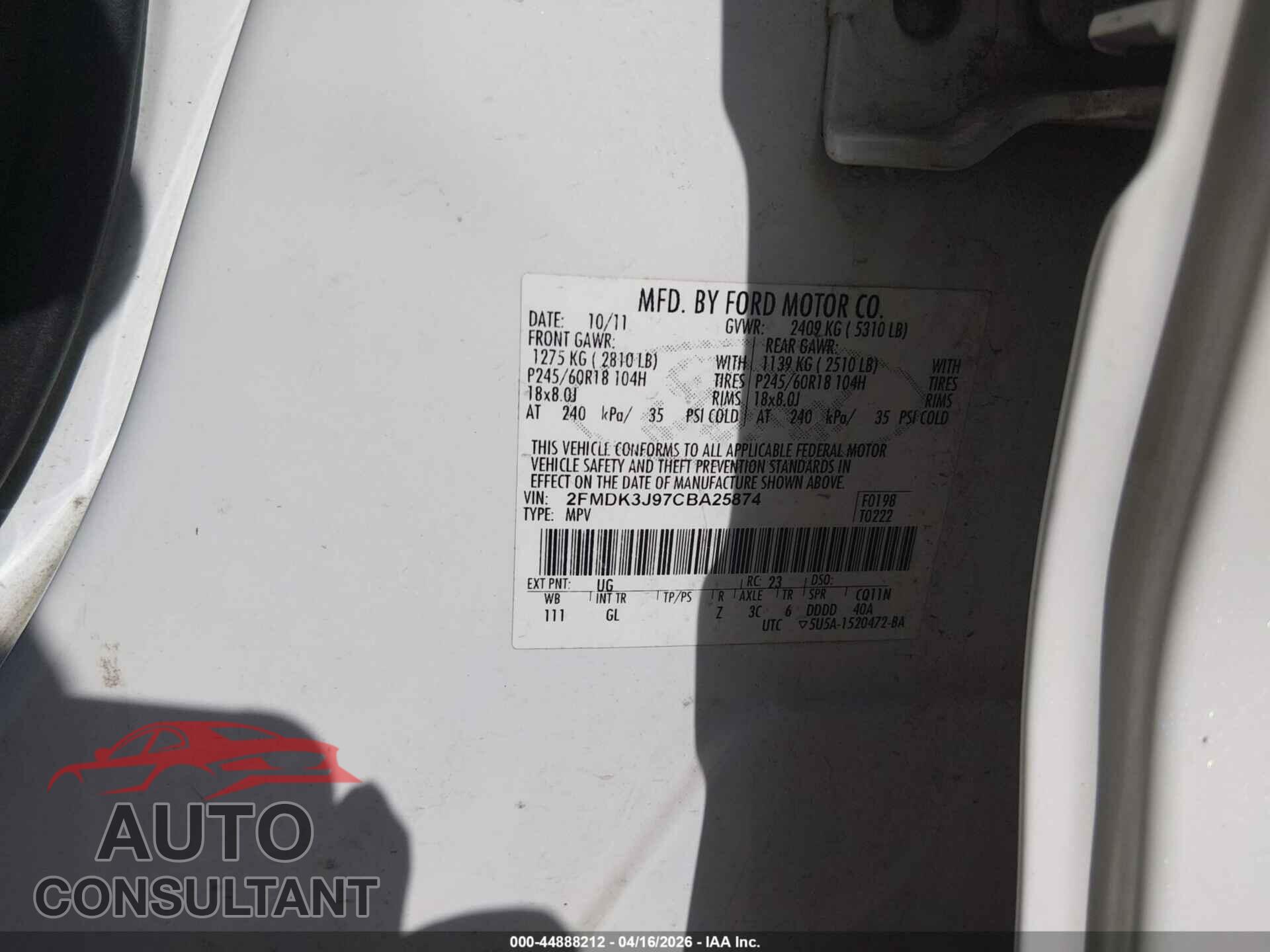 FORD EDGE 2012 - 2FMDK3J97CBA25874