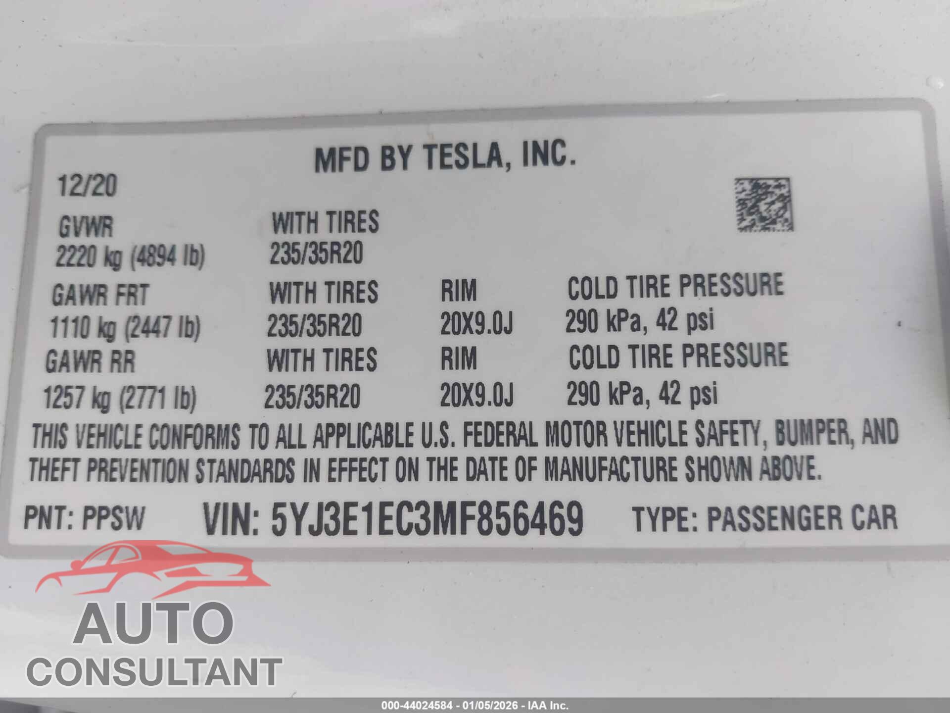 TESLA MODEL 3 2021 - 5YJ3E1EC3MF856469