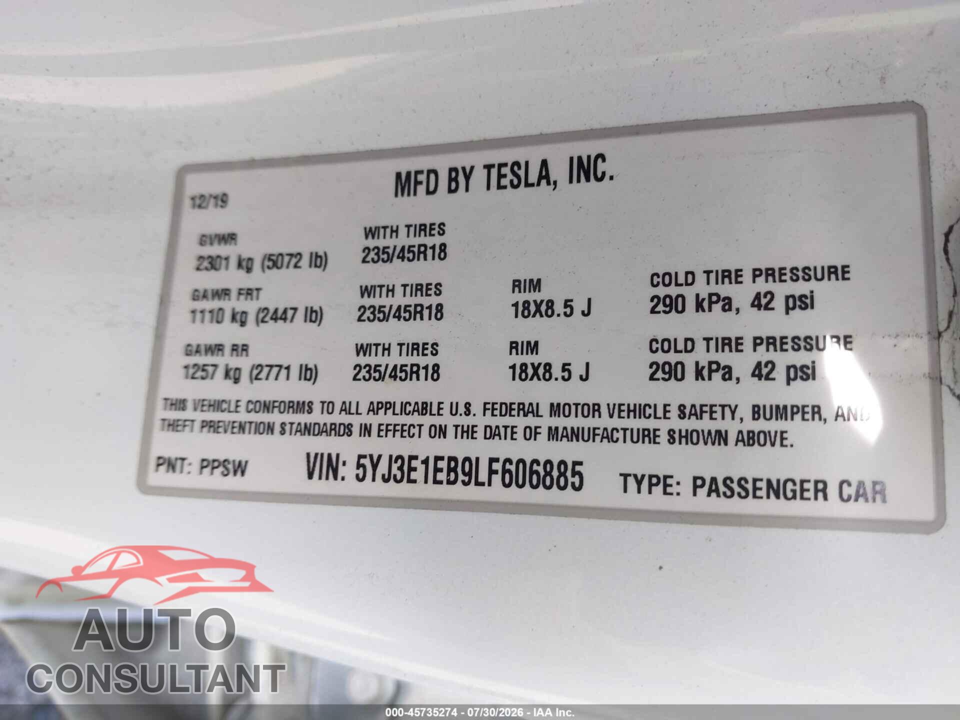 TESLA MODEL 3 2020 - 5YJ3E1EB9LF606885