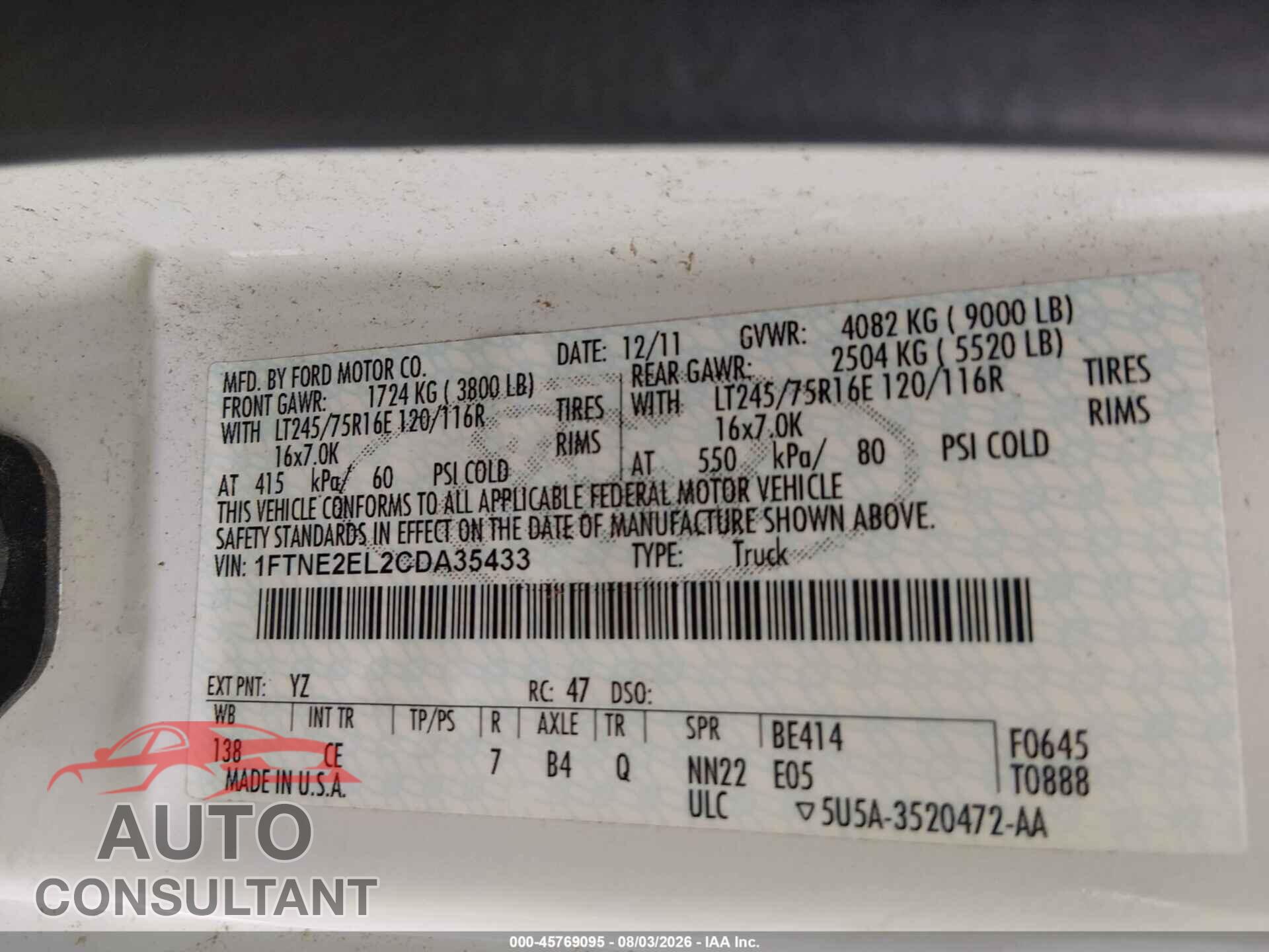 FORD E-250 2012 - 1FTNE2EL2CDA35433
