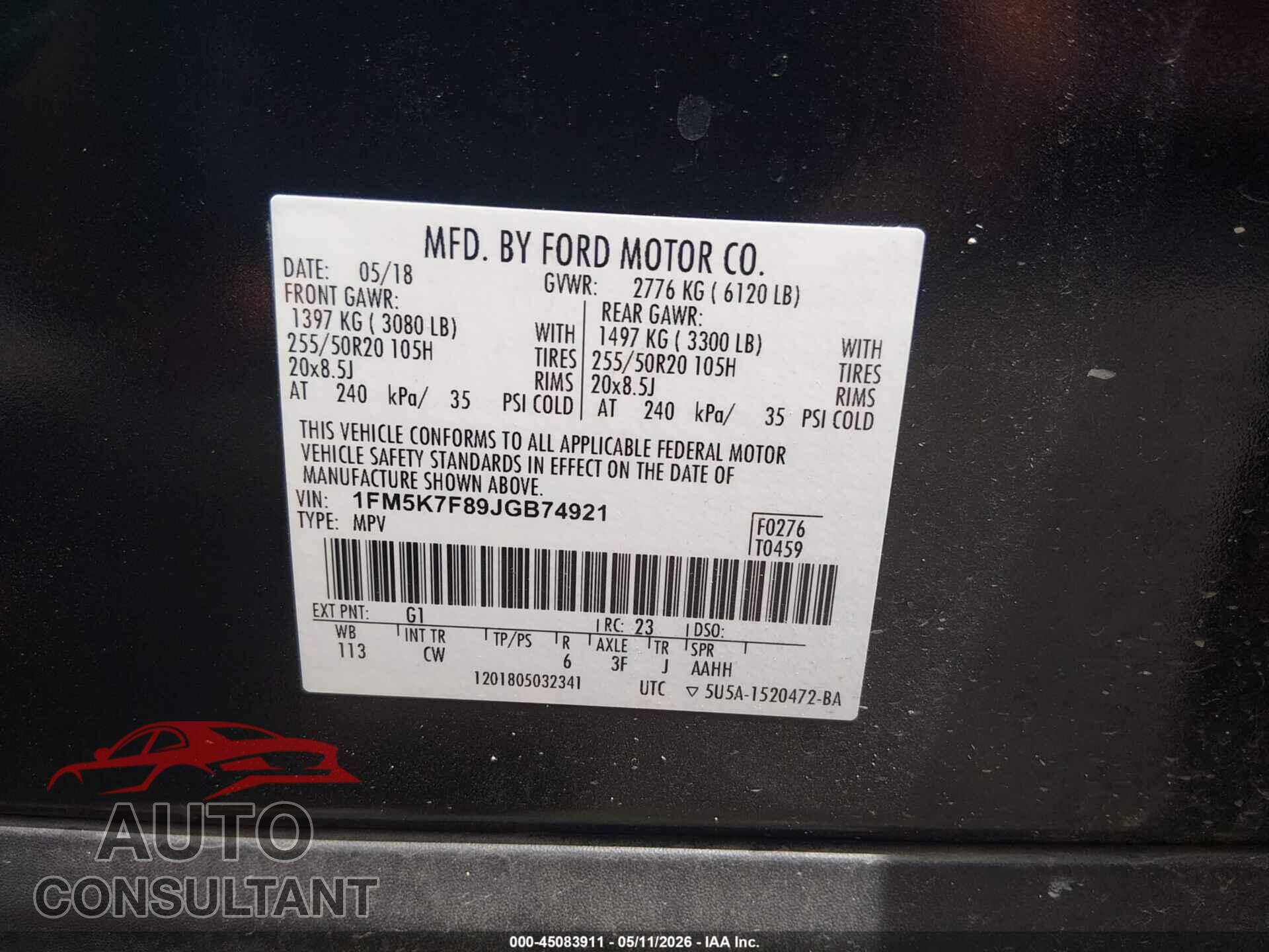 FORD EXPLORER 2018 - 1FM5K7F89JGB74921