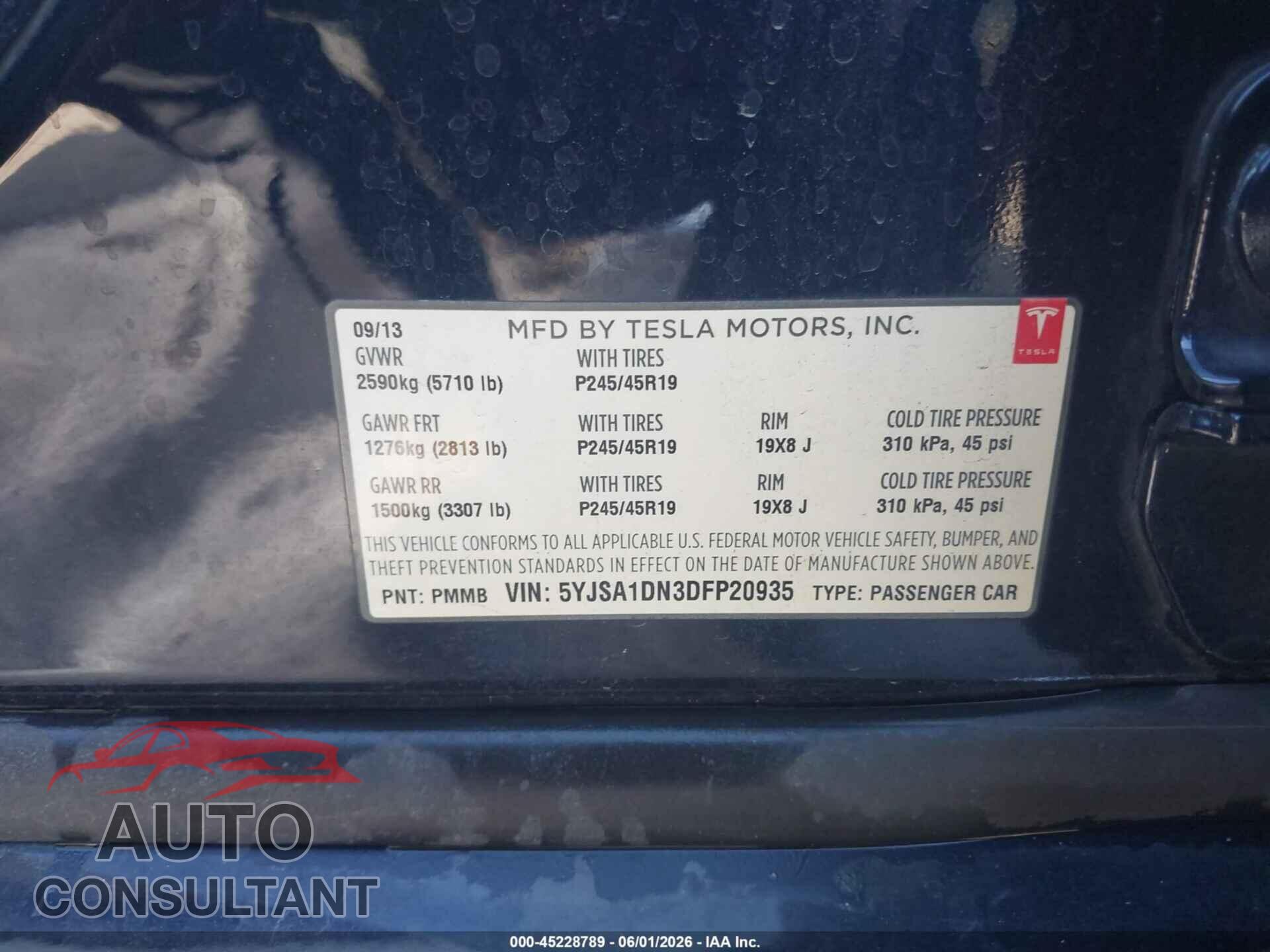 TESLA MODEL S 2013 - 5YJSA1DN3DFP20935
