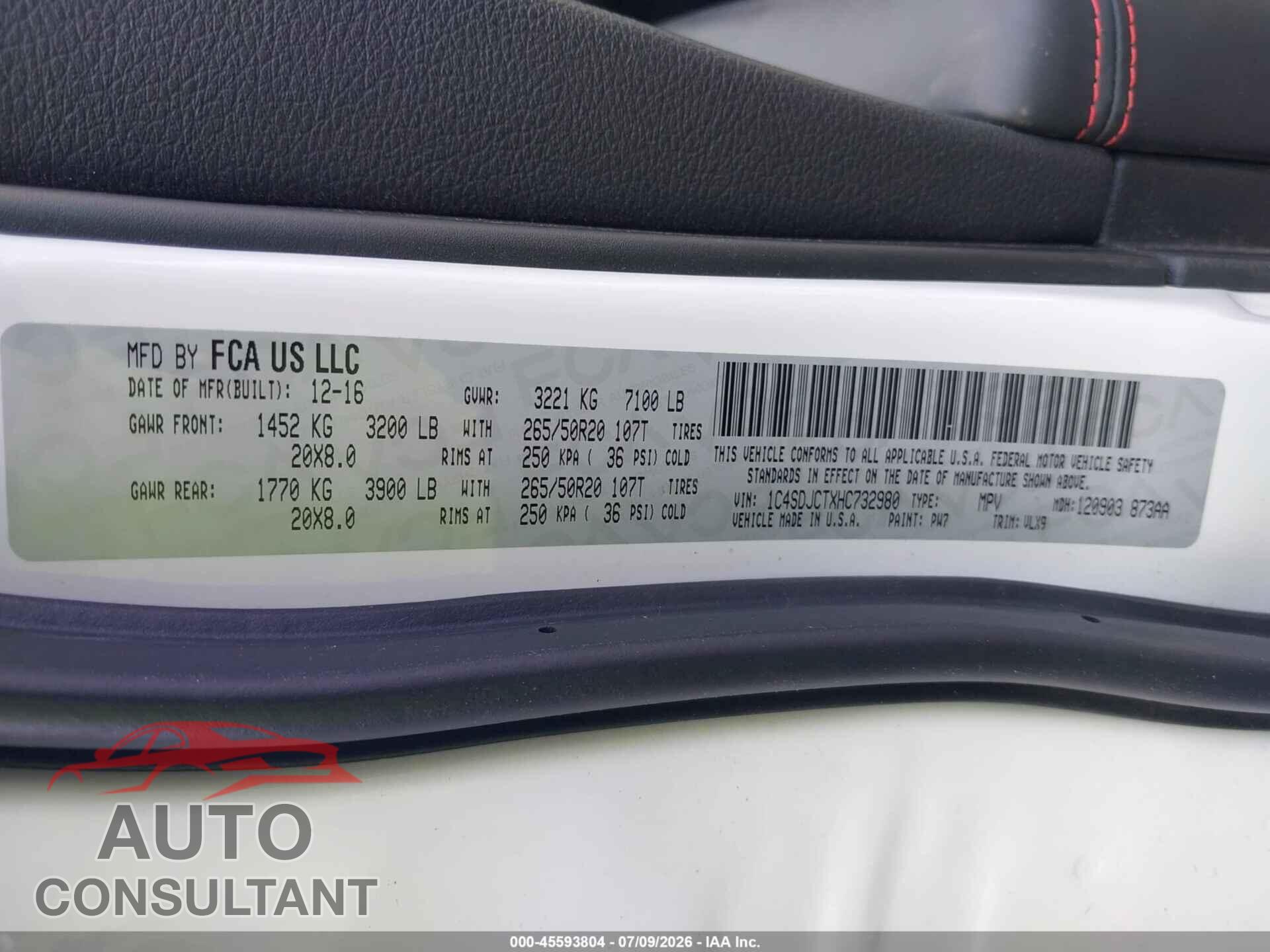 DODGE DURANGO 2017 - 1C4SDJCTXHC732980