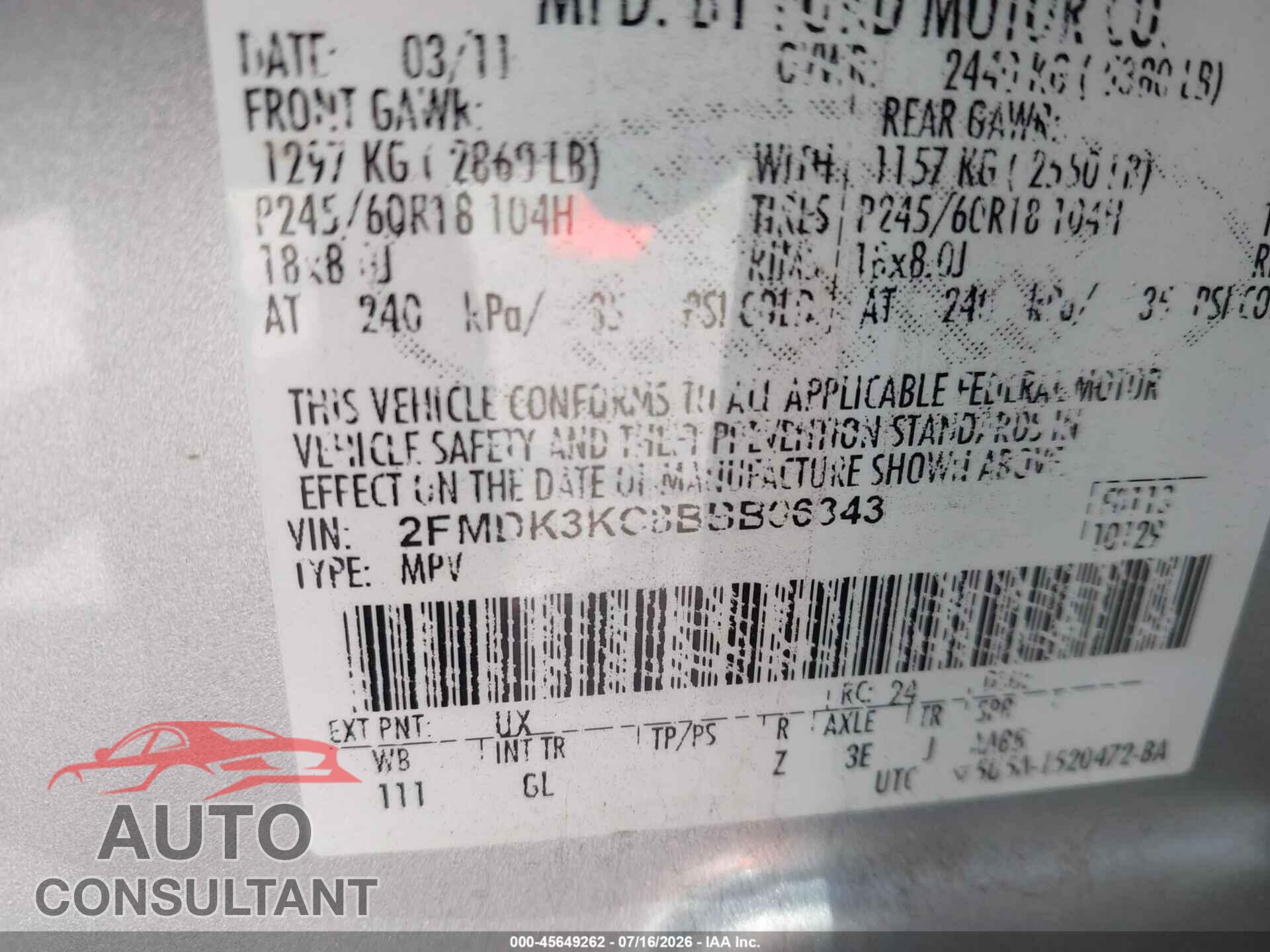 FORD EDGE 2011 - 2FMDK3KC8BBB06343