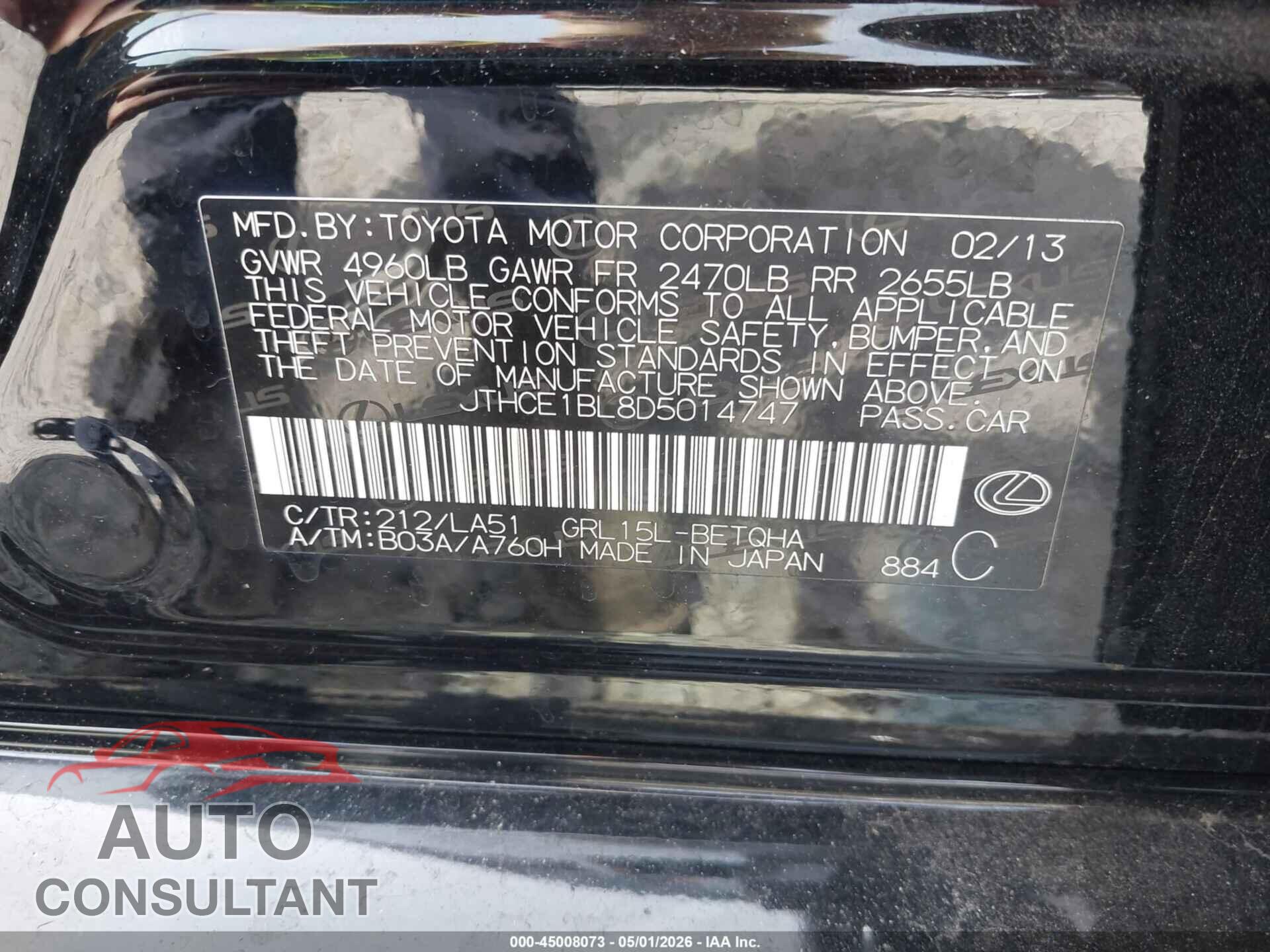 LEXUS GS 350 2013 - JTHCE1BL8D5014747