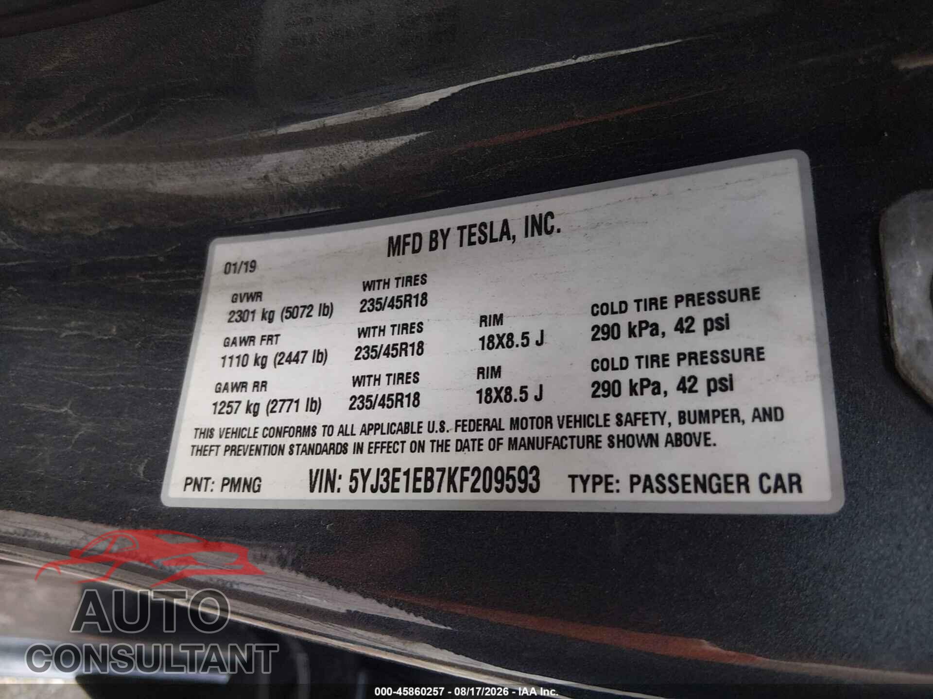 TESLA MODEL 3 2019 - 5YJ3E1EB7KF209593