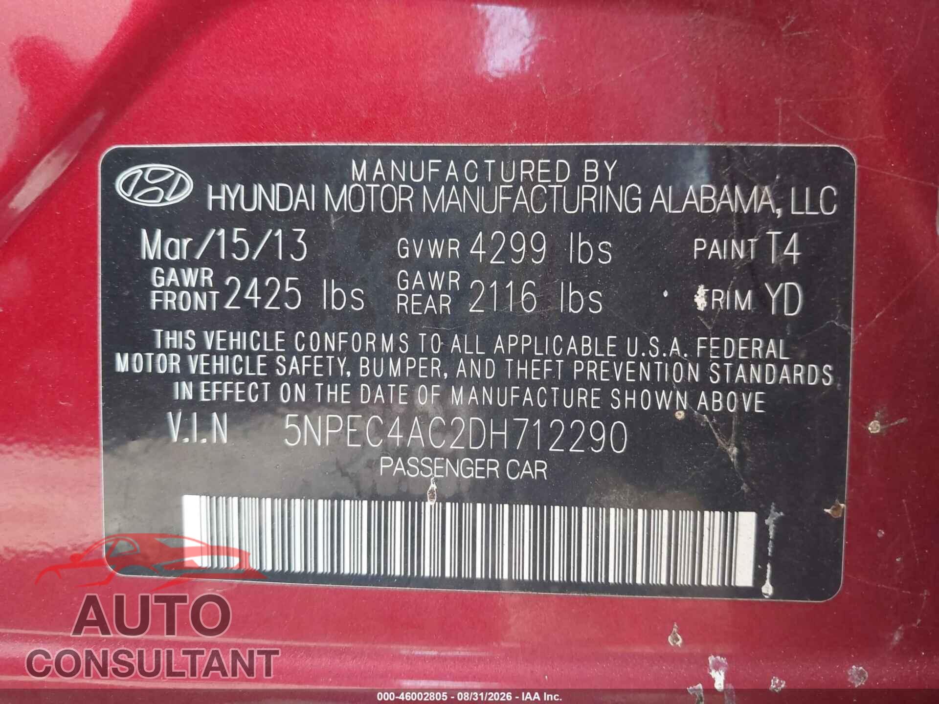 HYUNDAI SONATA 2013 - 5NPEC4AC2DH712290