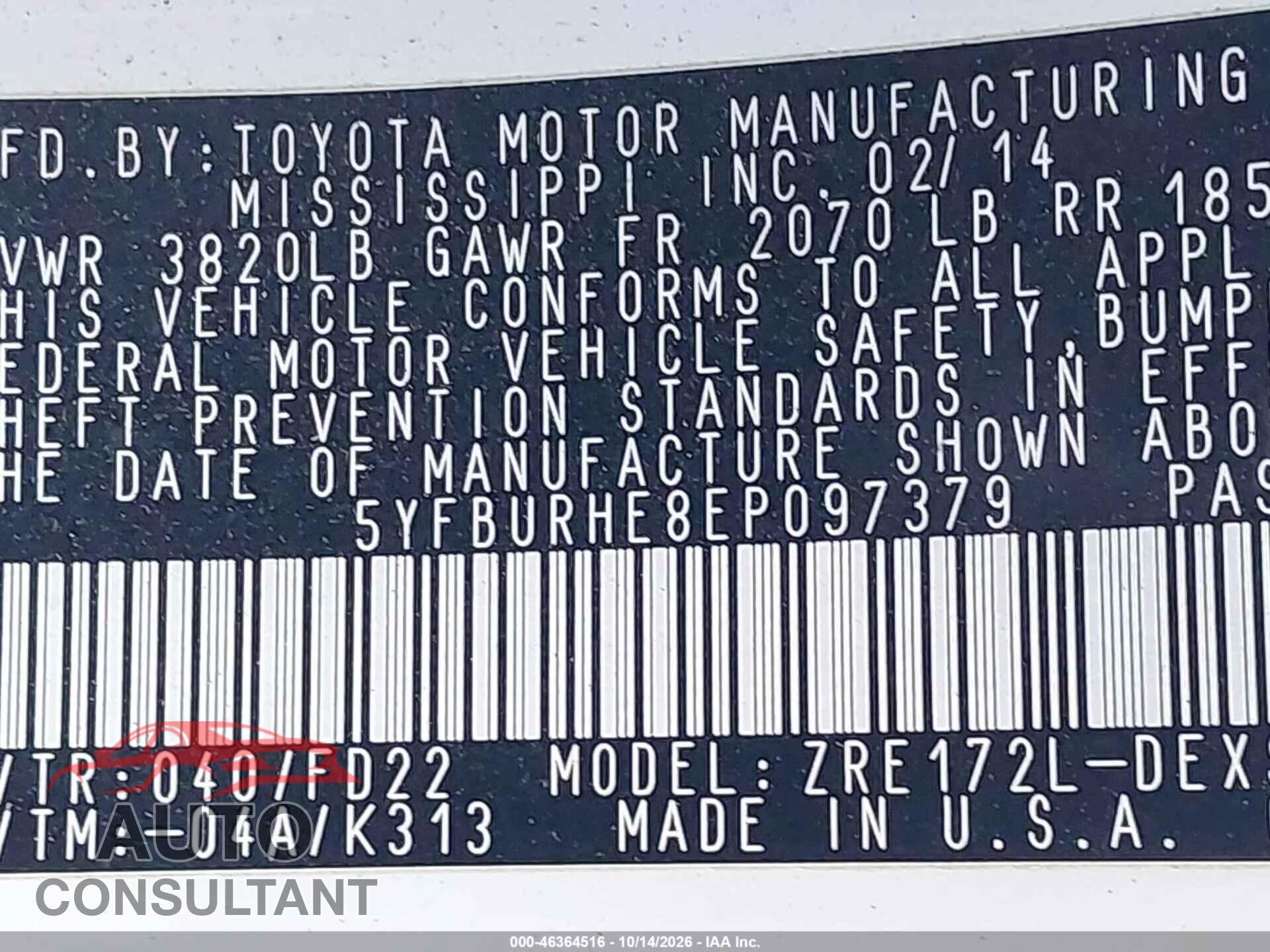 TOYOTA COROLLA 2014 - 5YFBURHE8EP097379