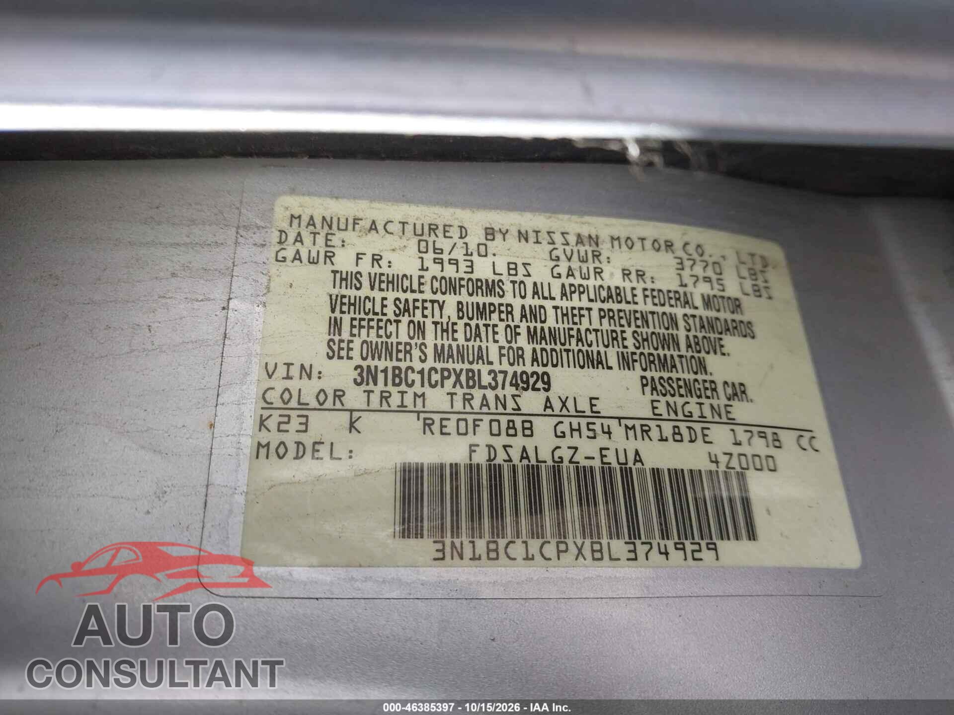 NISSAN VERSA 2011 - 3N1BC1CPXBL374929