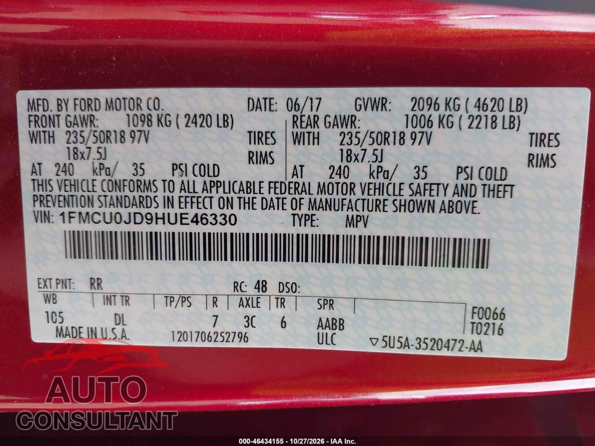 FORD ESCAPE 2017 - 1FMCU0JD9HUE46330