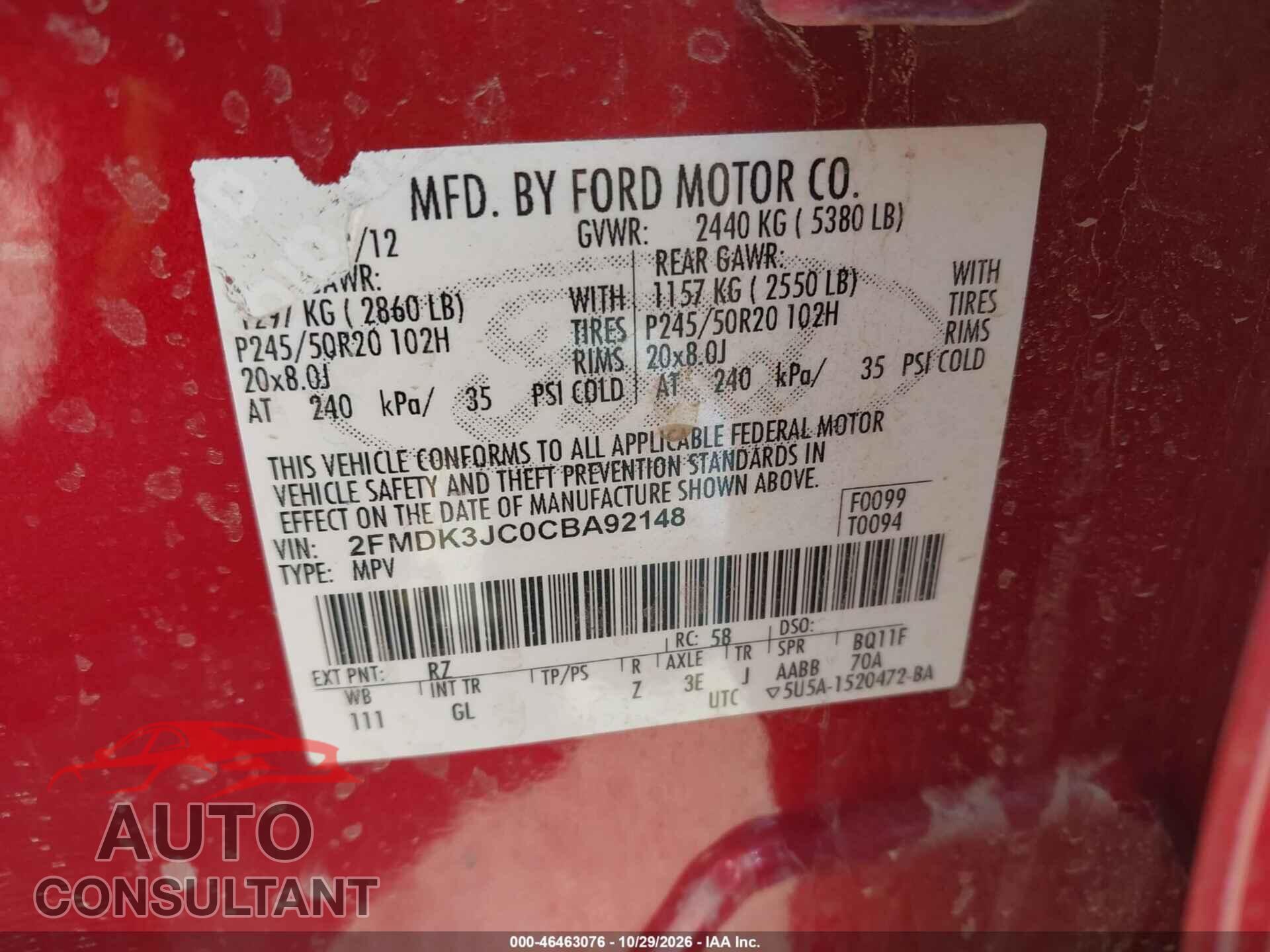 FORD EDGE 2012 - 2FMDK3JC0CBA92148