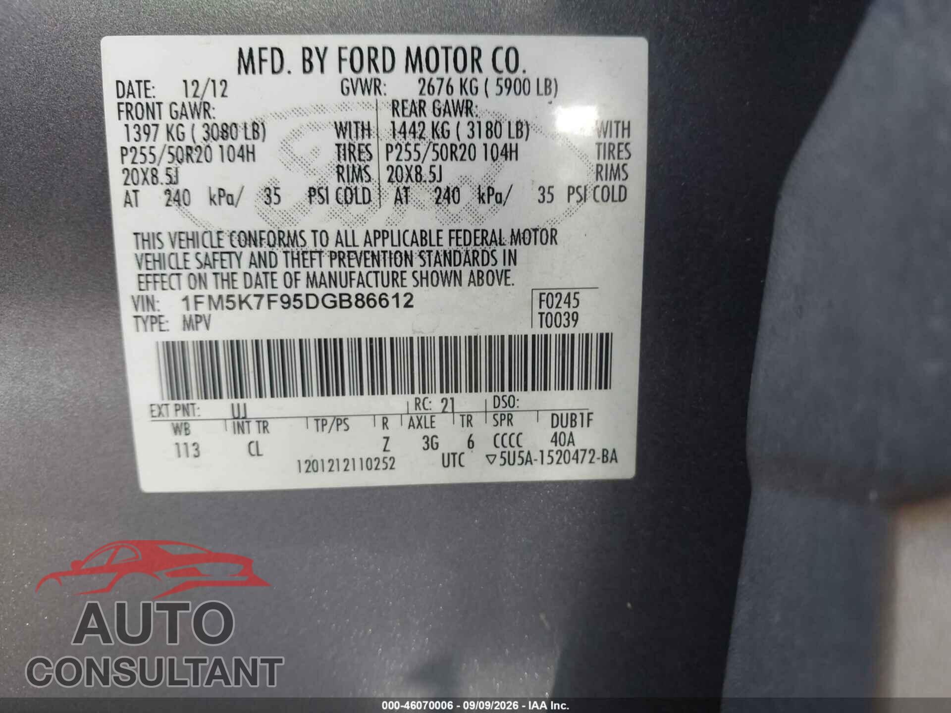 FORD EXPLORER 2013 - 1FM5K7F95DGB86612