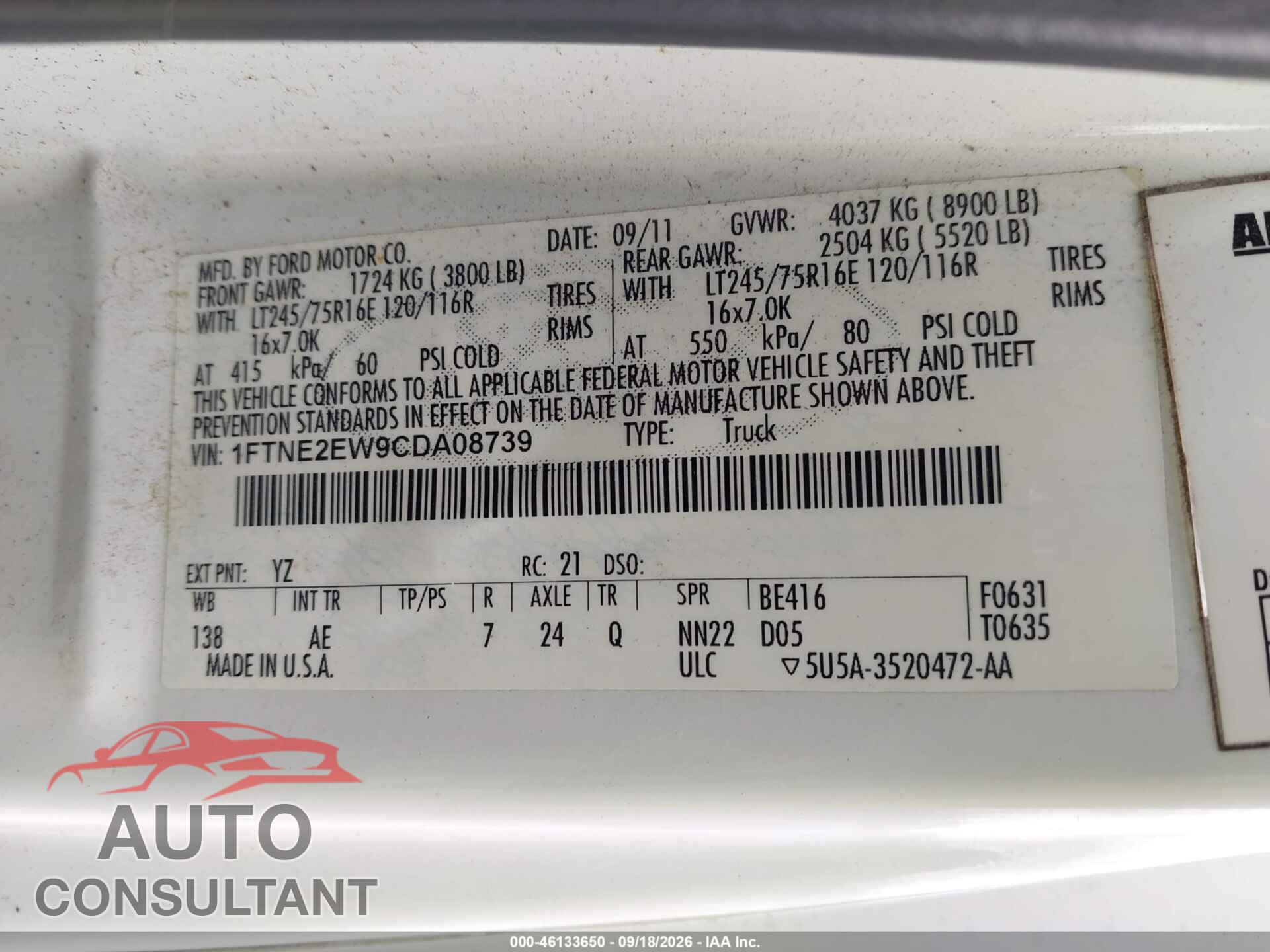 FORD E-250 2012 - 1FTNE2EW9CDA08739