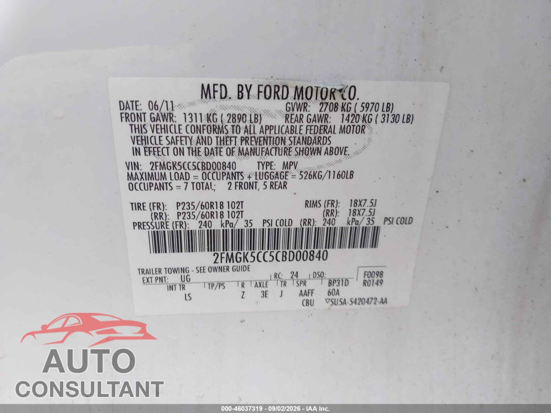 FORD FLEX 2012 - 2FMGK5CC5CBD00840