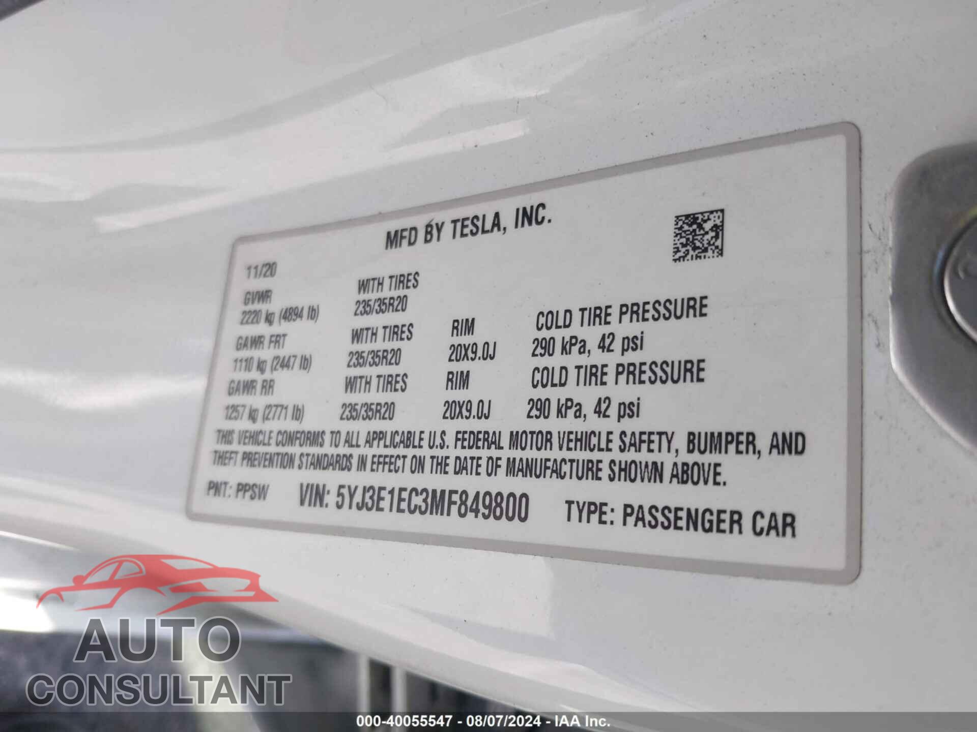 TESLA MODEL 3 2021 - 5YJ3E1EC3MF849800