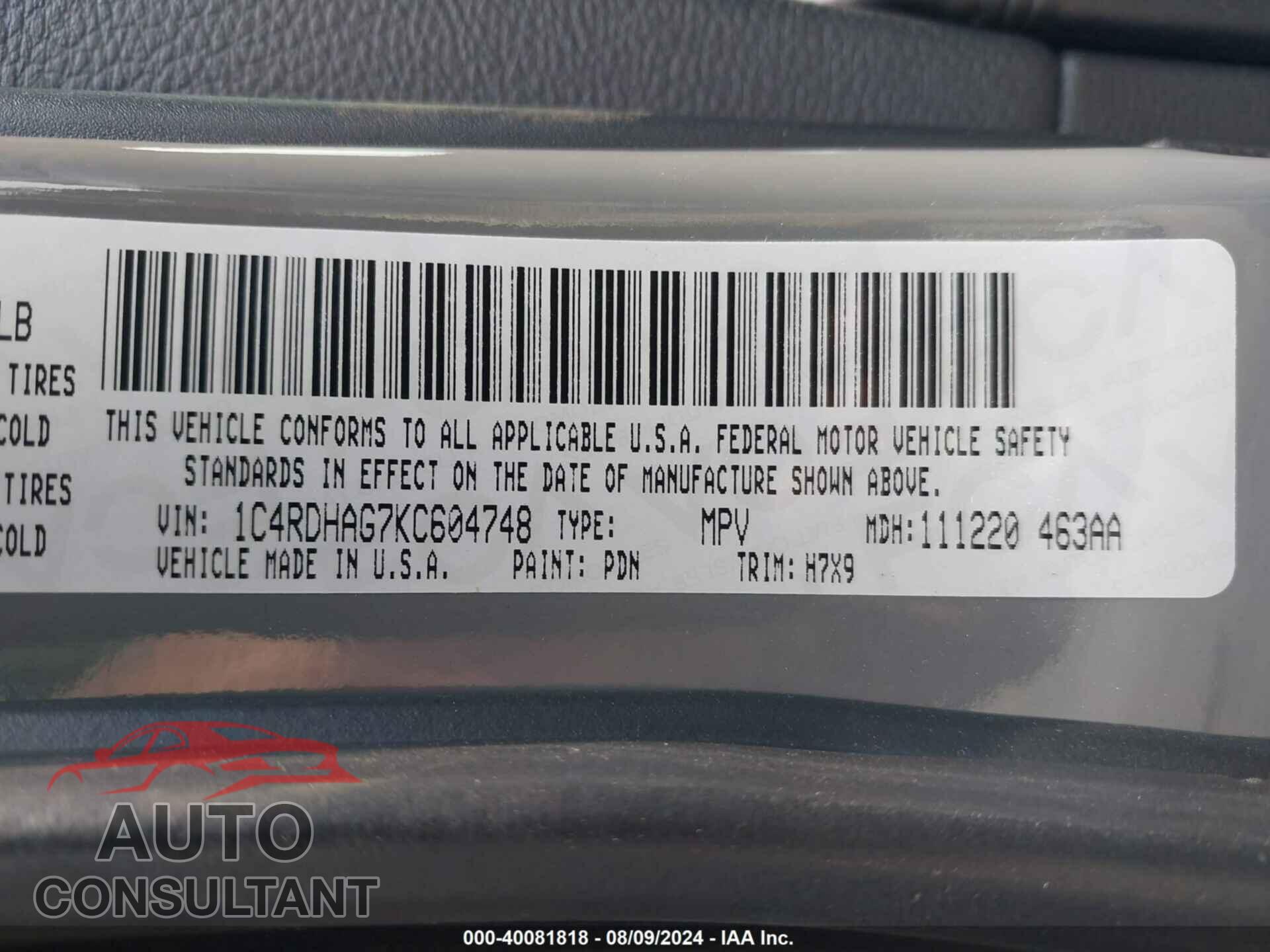 DODGE DURANGO 2019 - 1C4RDHAG7KC604748