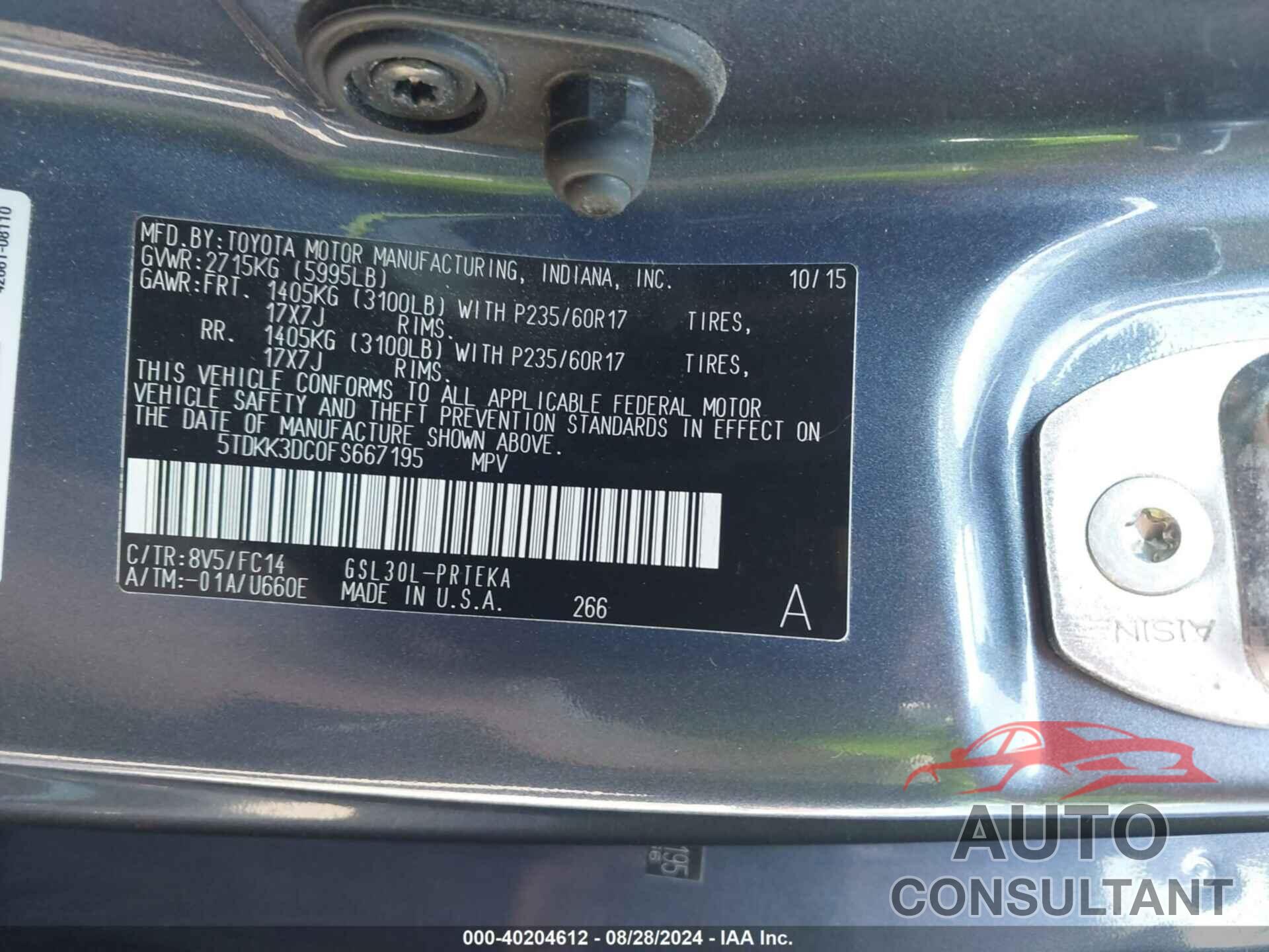 TOYOTA SIENNA 2015 - 5TDKK3DC0FS667195