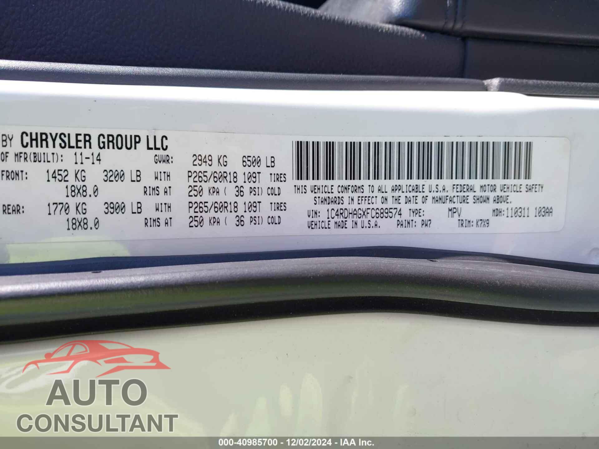 DODGE DURANGO 2015 - 1C4RDHAGXFC689574
