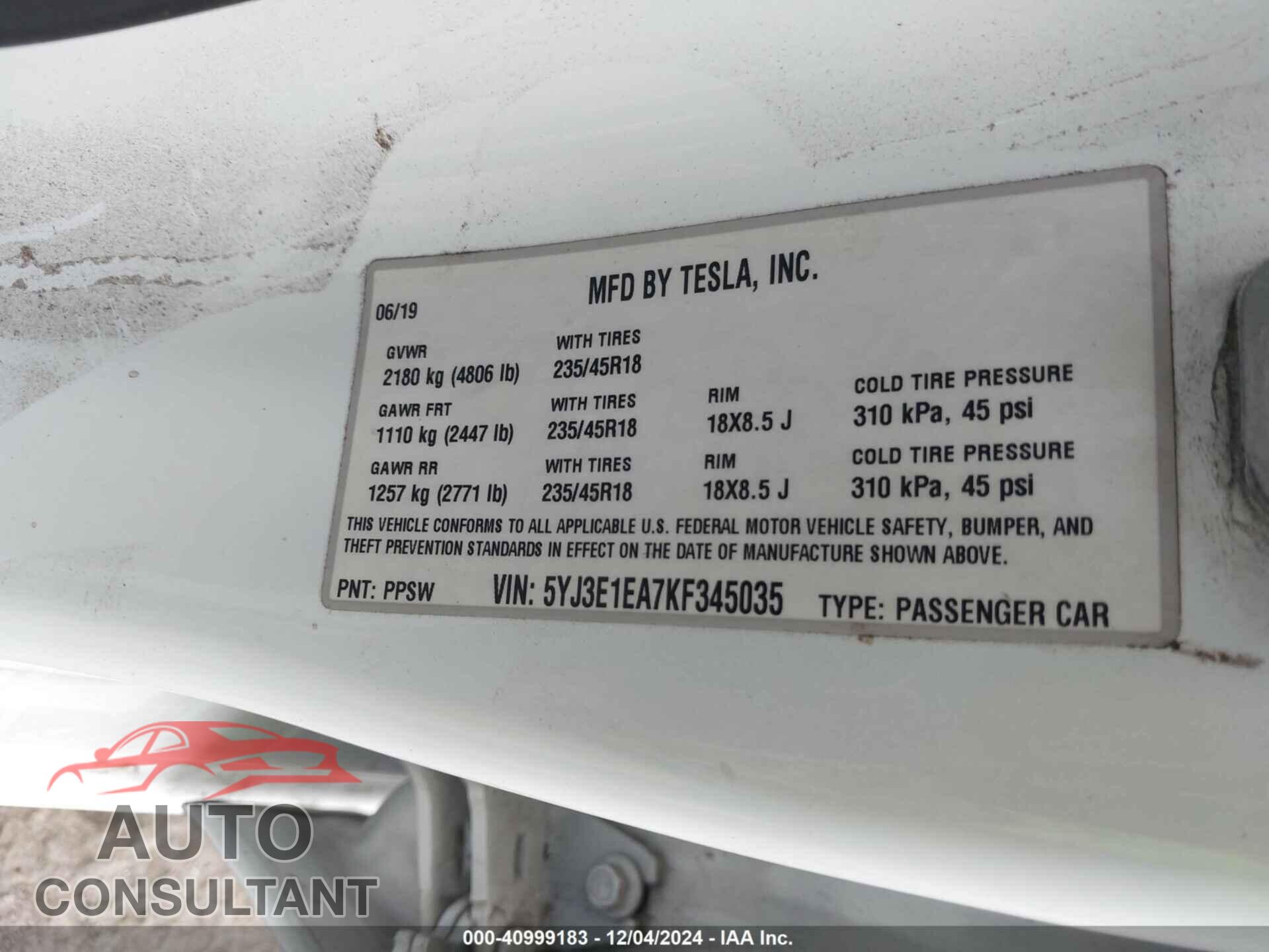 TESLA MODEL 3 2019 - 5YJ3E1EA7KF345035