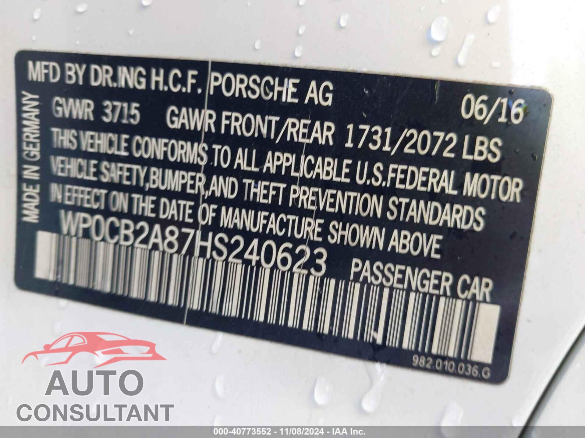 PORSCHE 718 BOXSTER 2017 - WP0CB2A87HS240623