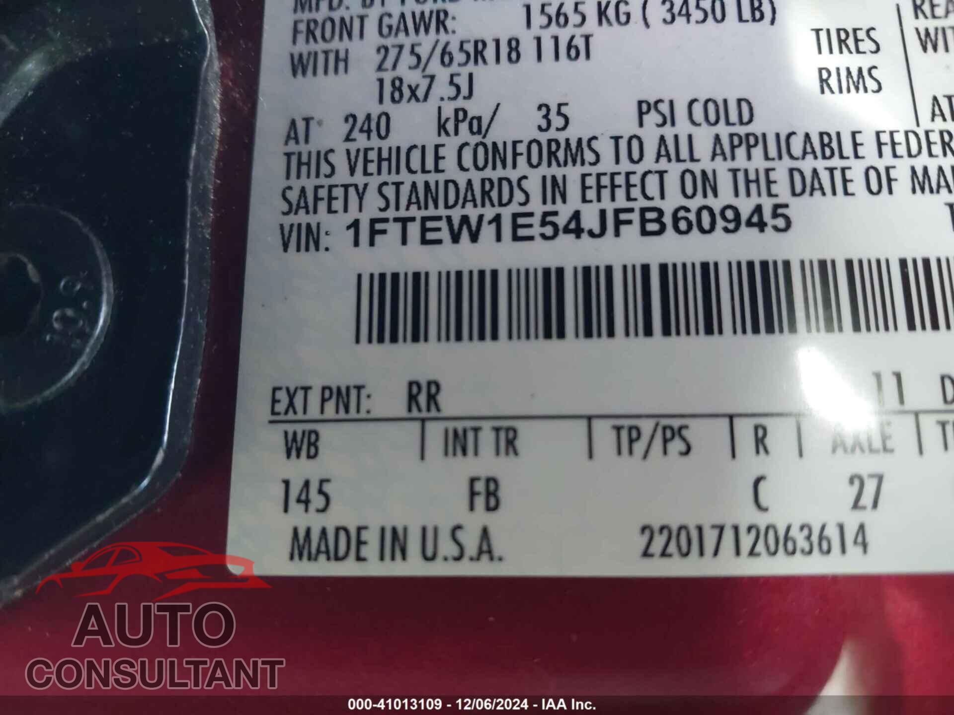 FORD F-150 2018 - 1FTEW1E54JFB60945