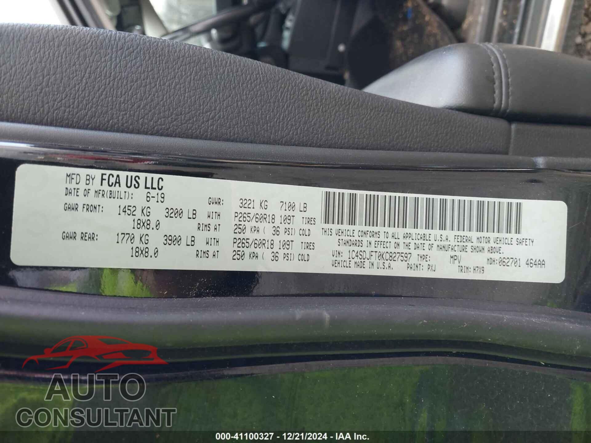 DODGE DURANGO 2019 - 1C4SDJFT0KC827597