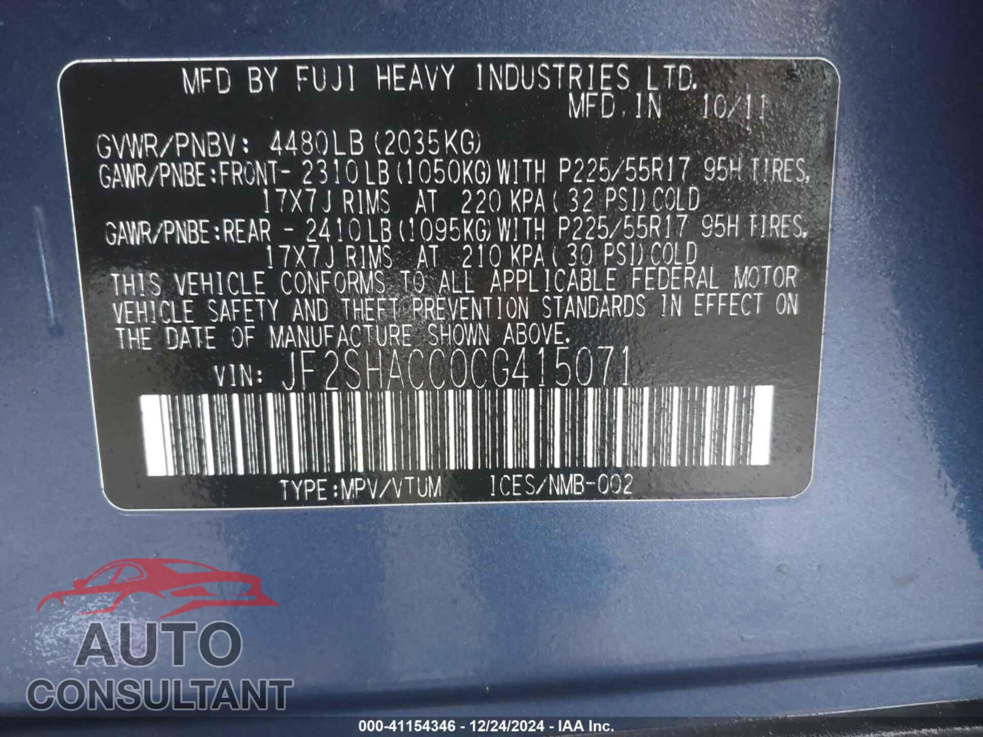 SUBARU FORESTER 2012 - JF2SHACC0CG415071