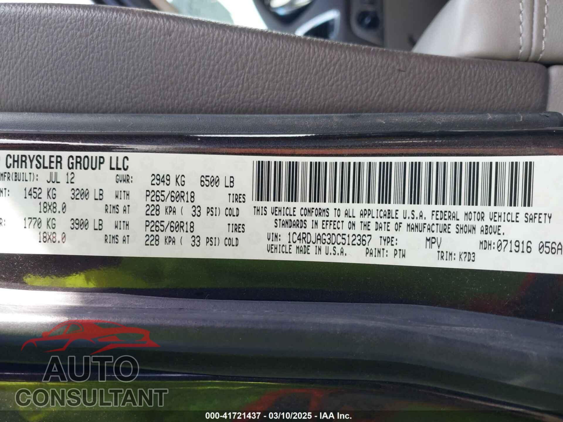 DODGE DURANGO 2013 - 1C4RDJAG3DC512367