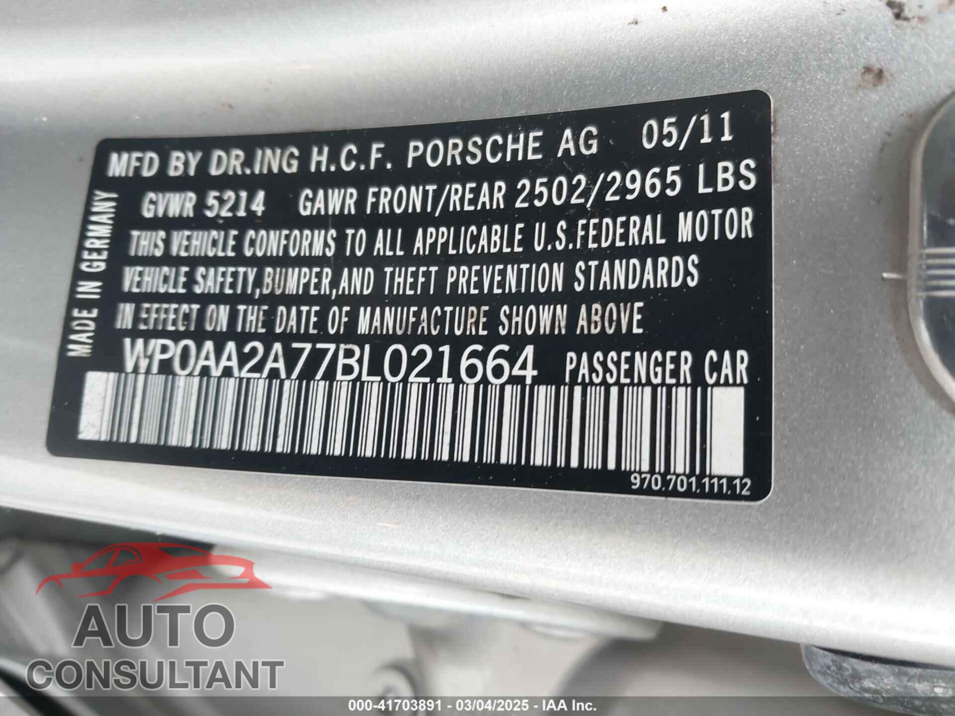 PORSCHE PANAMERA 2011 - WP0AA2A77BL021664