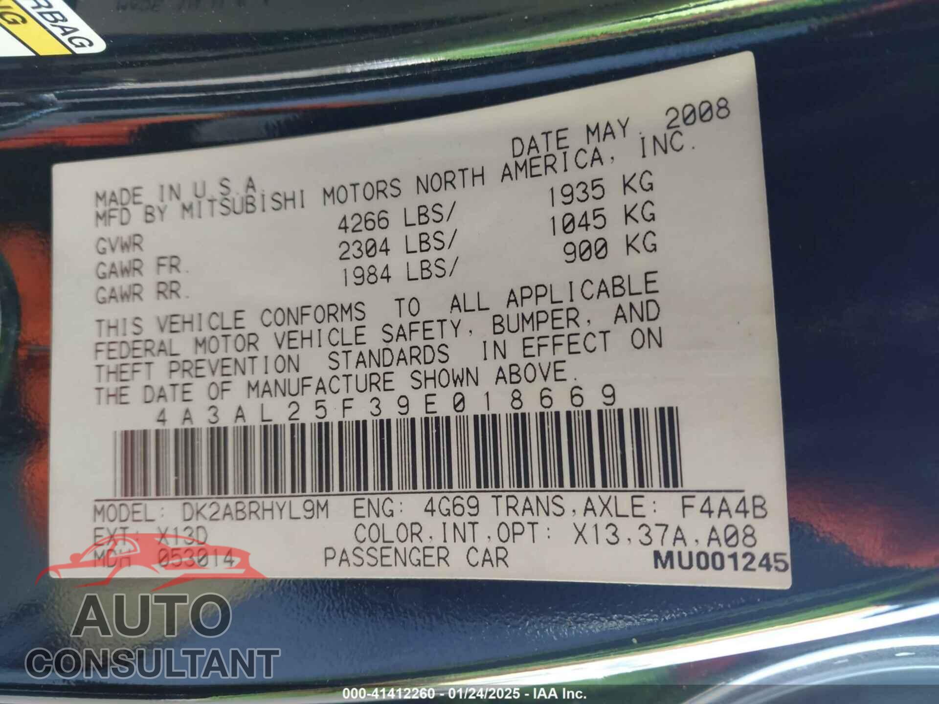 MITSUBISHI ECLIPSE SPYDER 2009 - 4A3AL25F39E018669