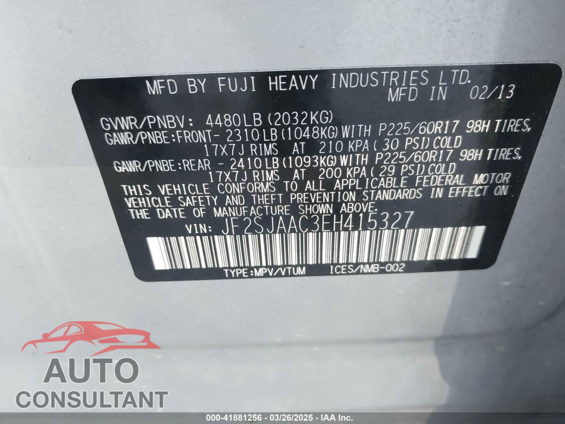SUBARU FORESTER 2014 - JF2SJAAC3EH415327