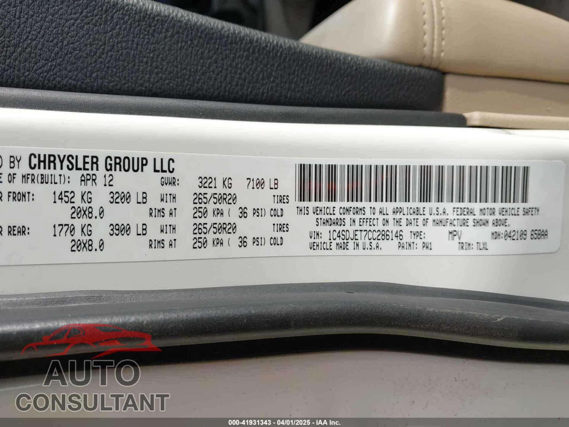 DODGE DURANGO 2012 - 1C4SDJET7CC286146