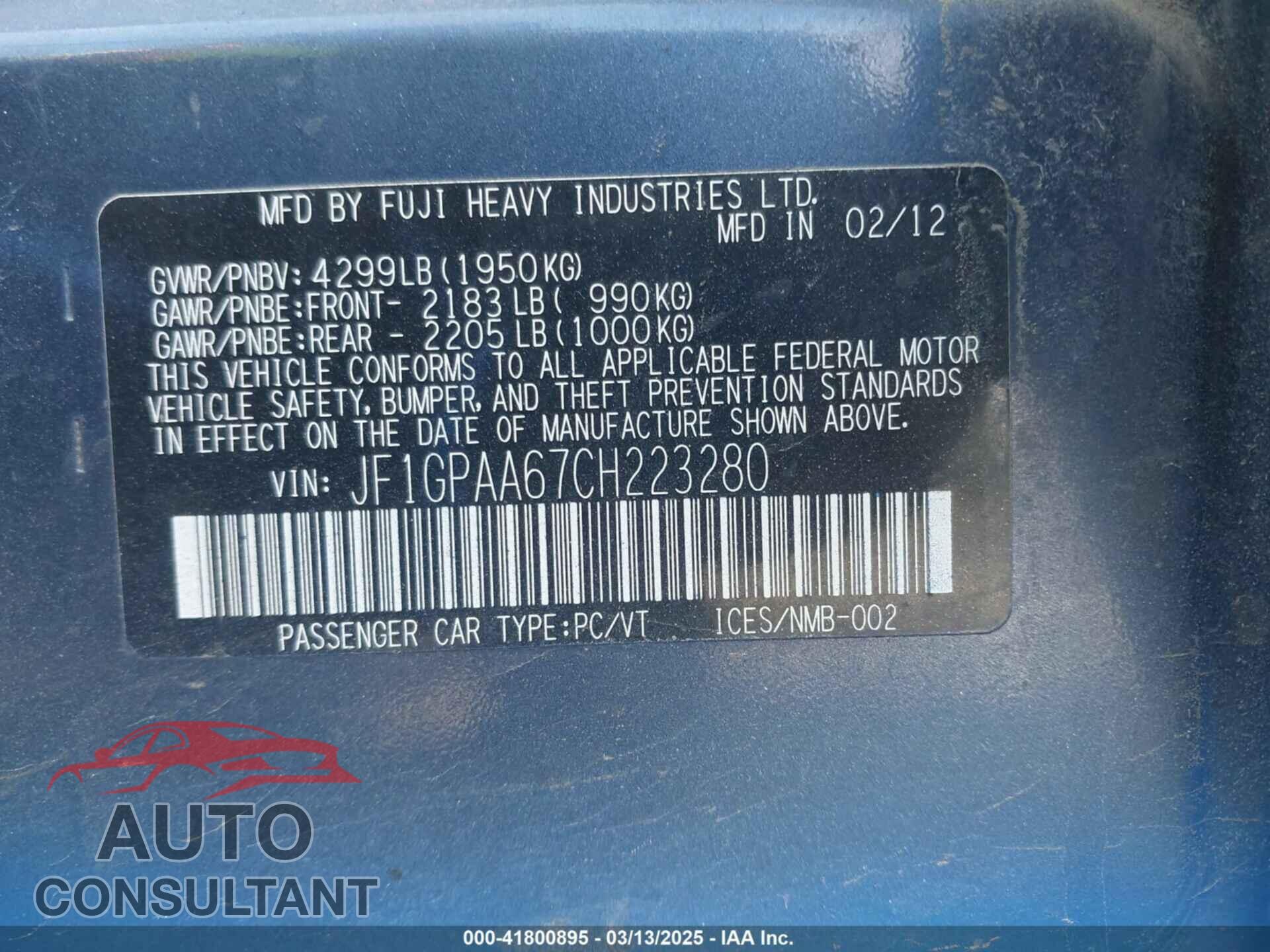 SUBARU IMPREZA 2012 - JF1GPAA67CH223280