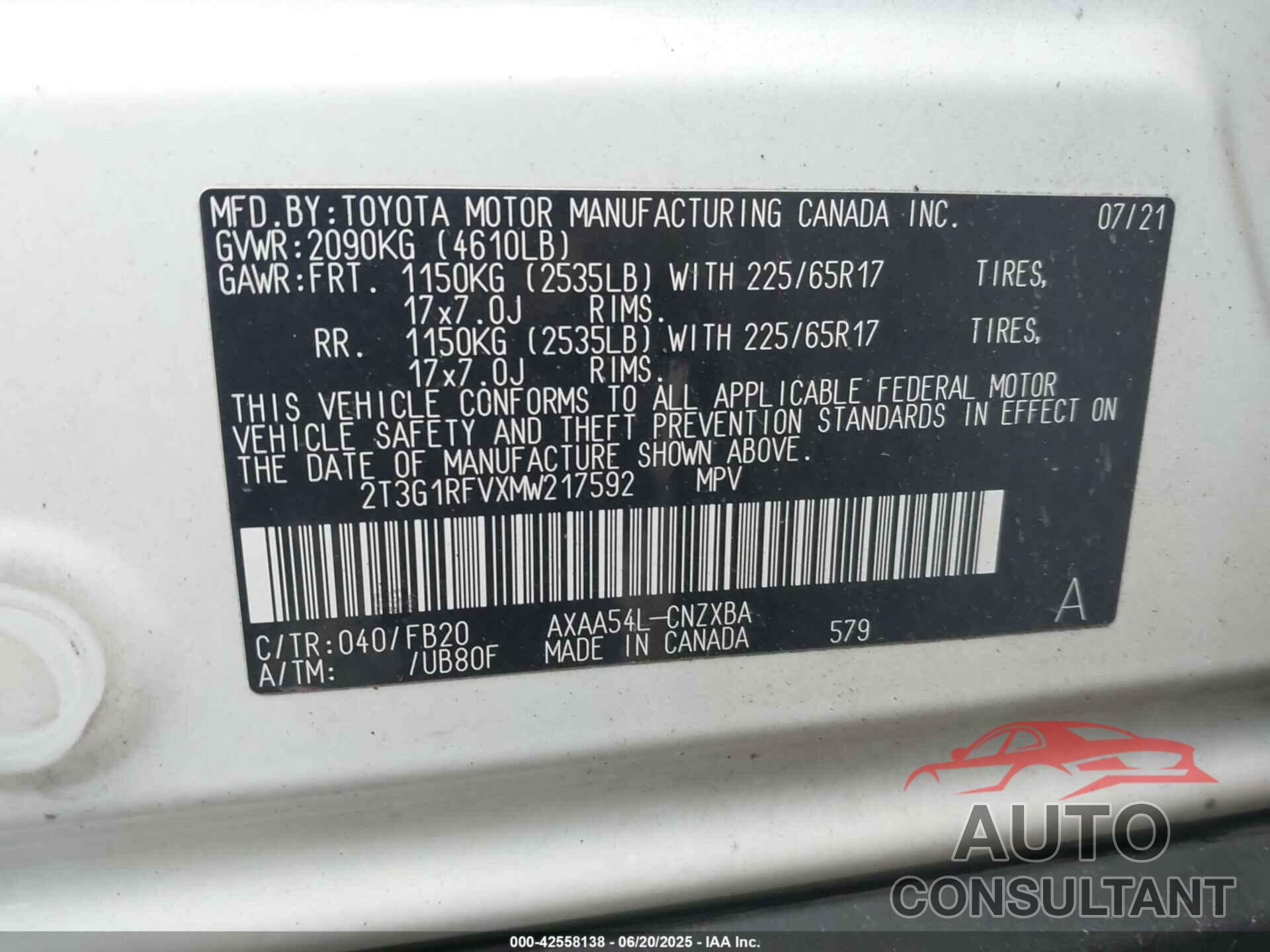 TOYOTA RAV4 2021 - 2T3G1RFVXMW217592