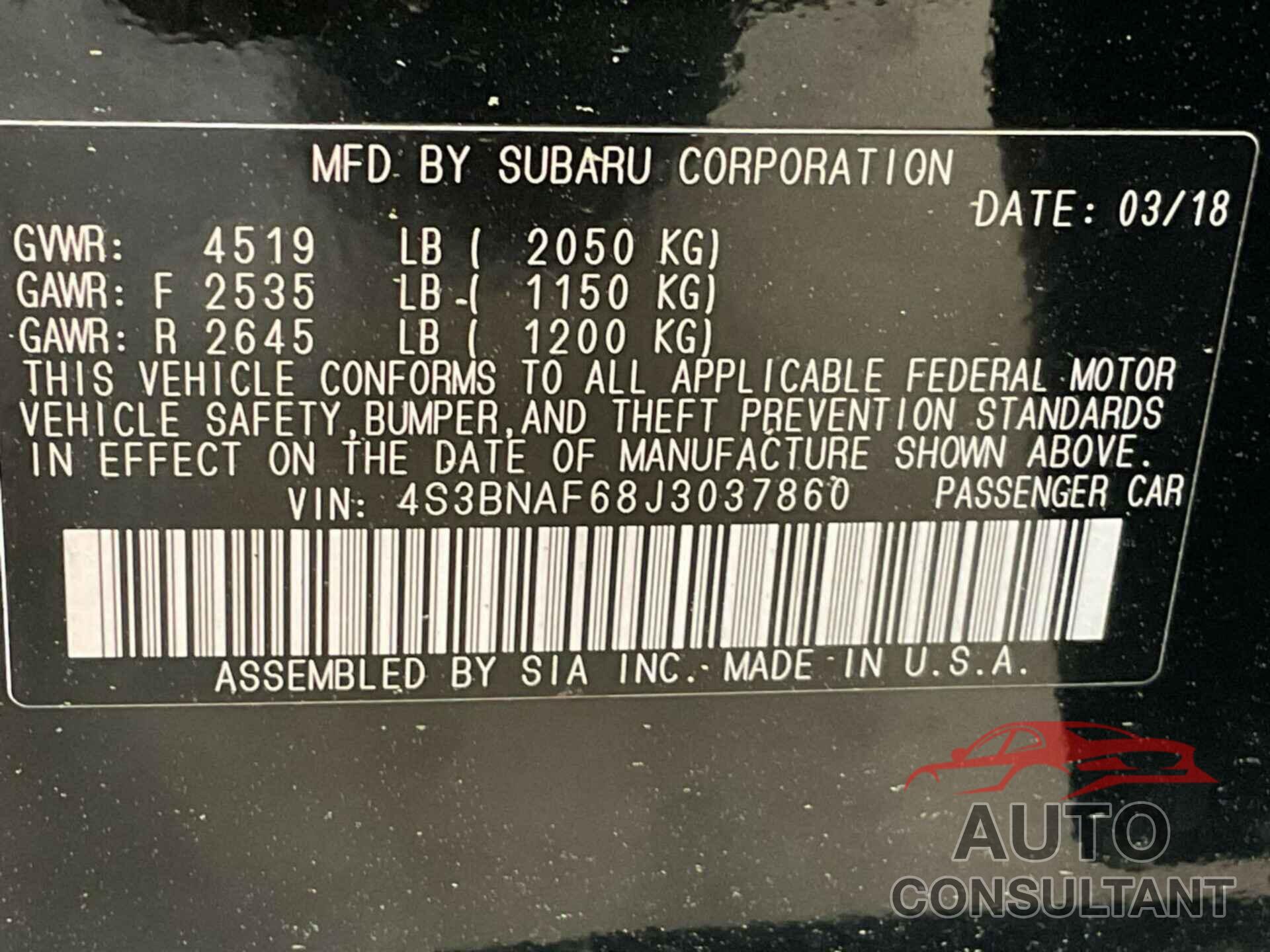 SUBARU LEGACY 2018 - 4S3BNAF68J3037860