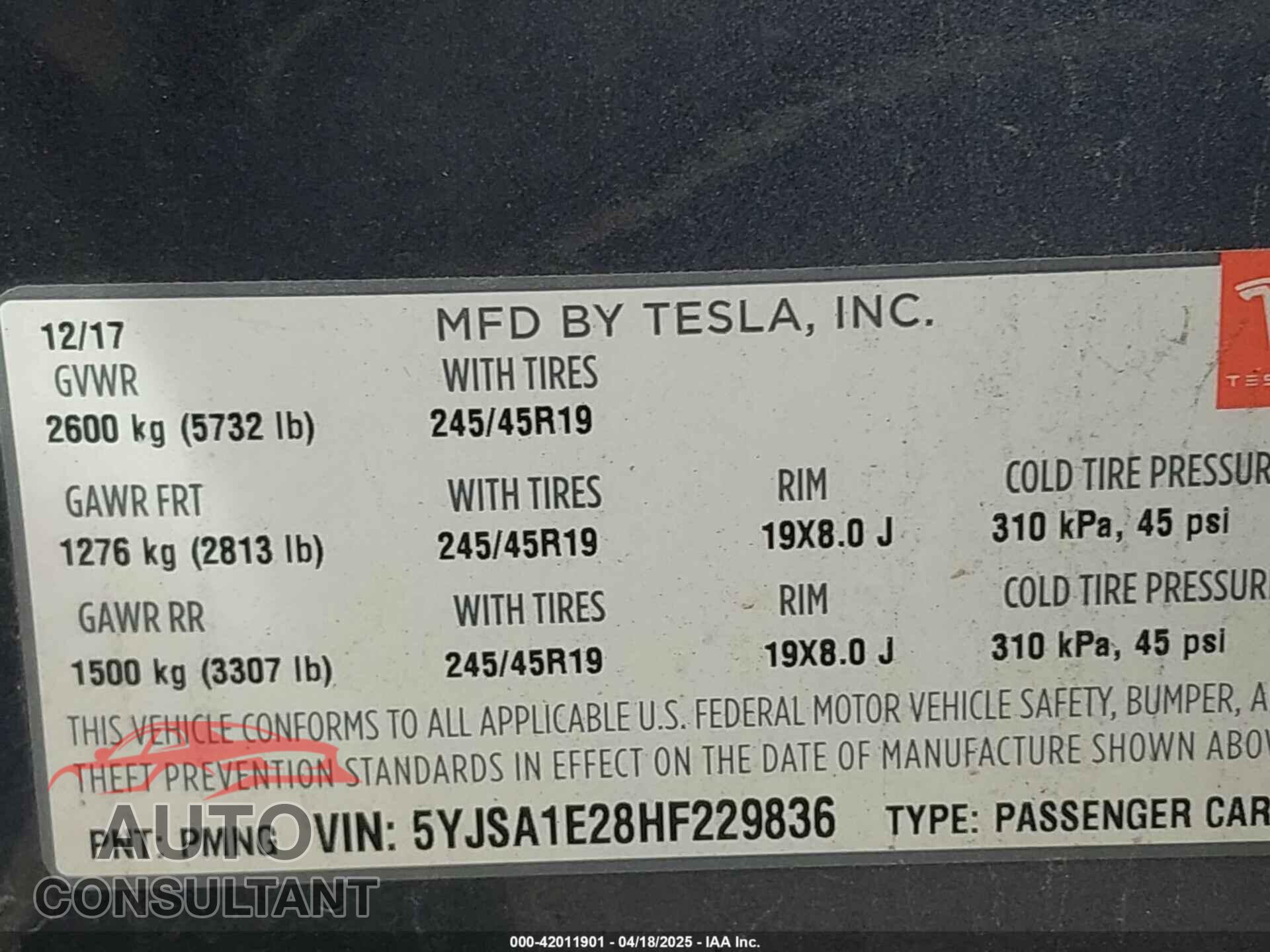TESLA MODEL S 2017 - 5YJSA1E28HF229836