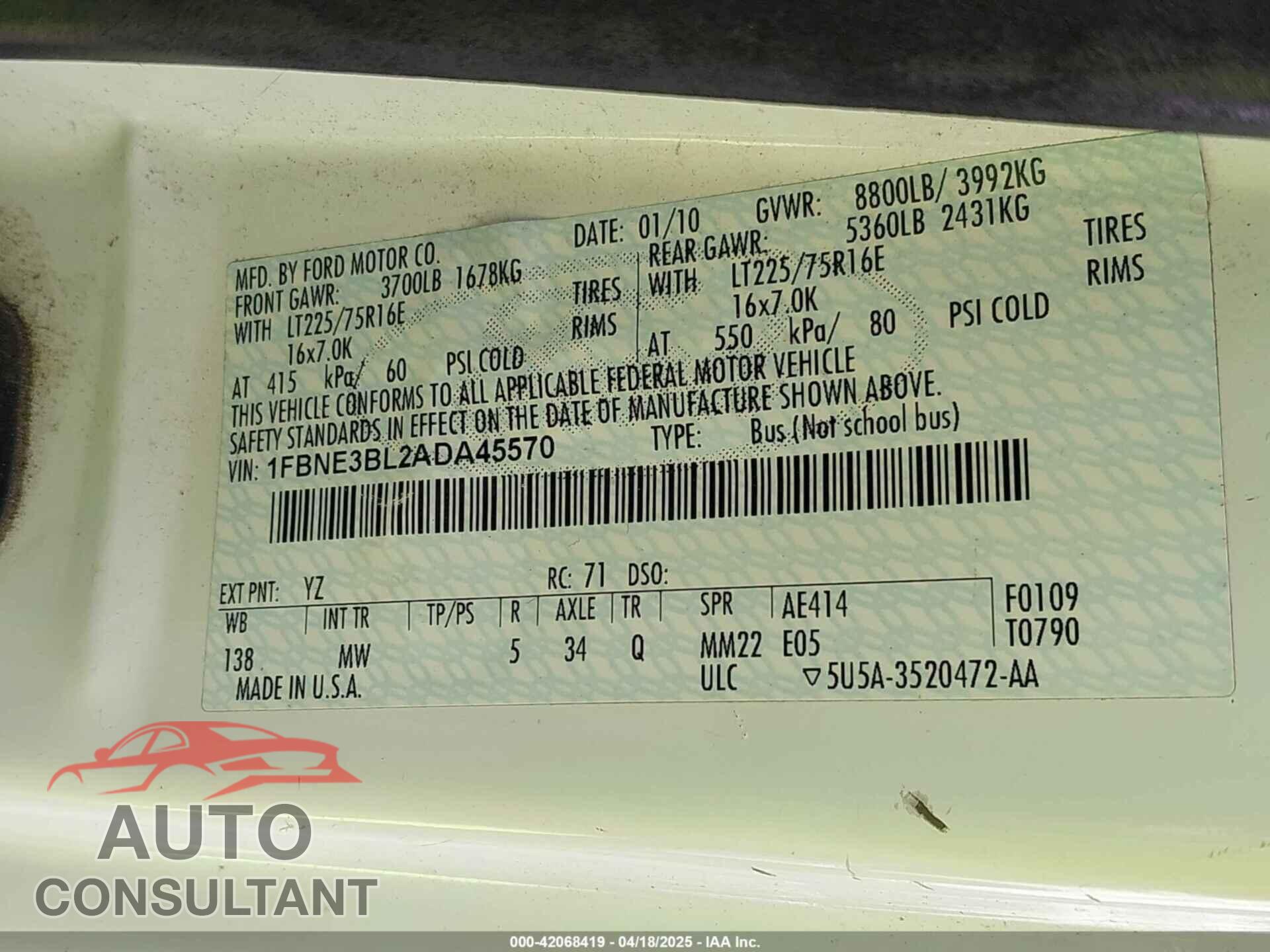 FORD E-350 SUPER DUTY 2010 - 1FBNE3BL2ADA45570