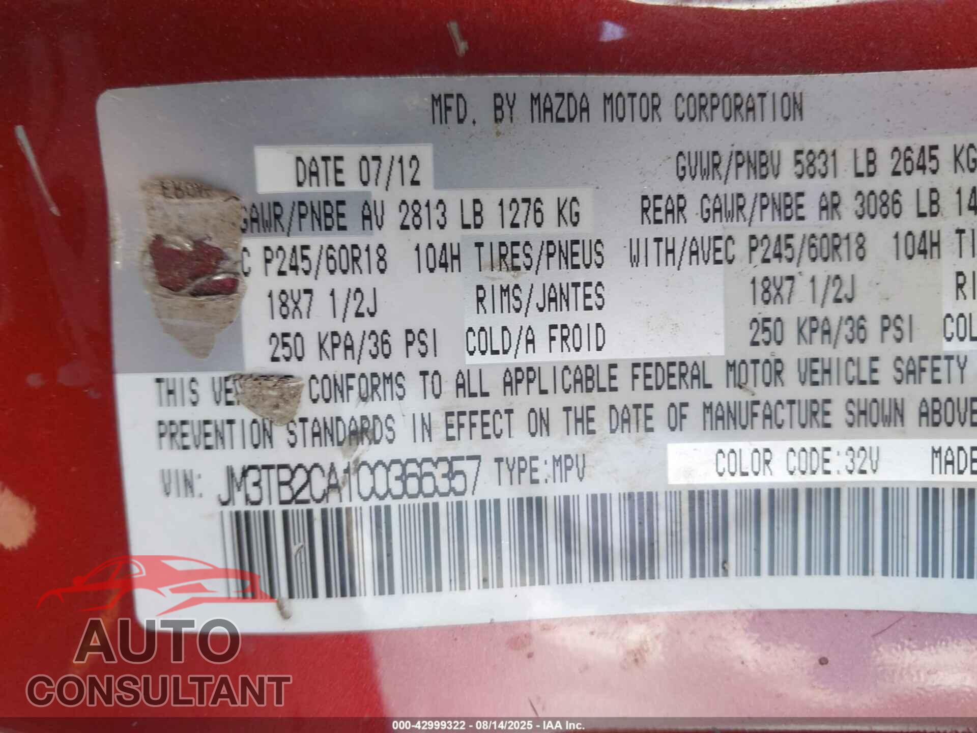 MAZDA CX-9 2012 - JM3TB2CA1C0366357