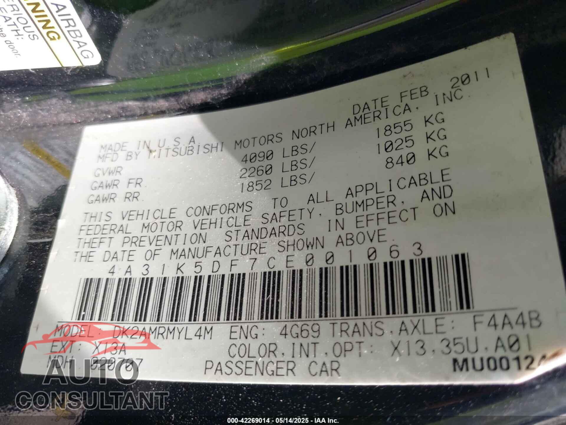 MITSUBISHI ECLIPSE 2012 - 4A31K5DF7CE001063