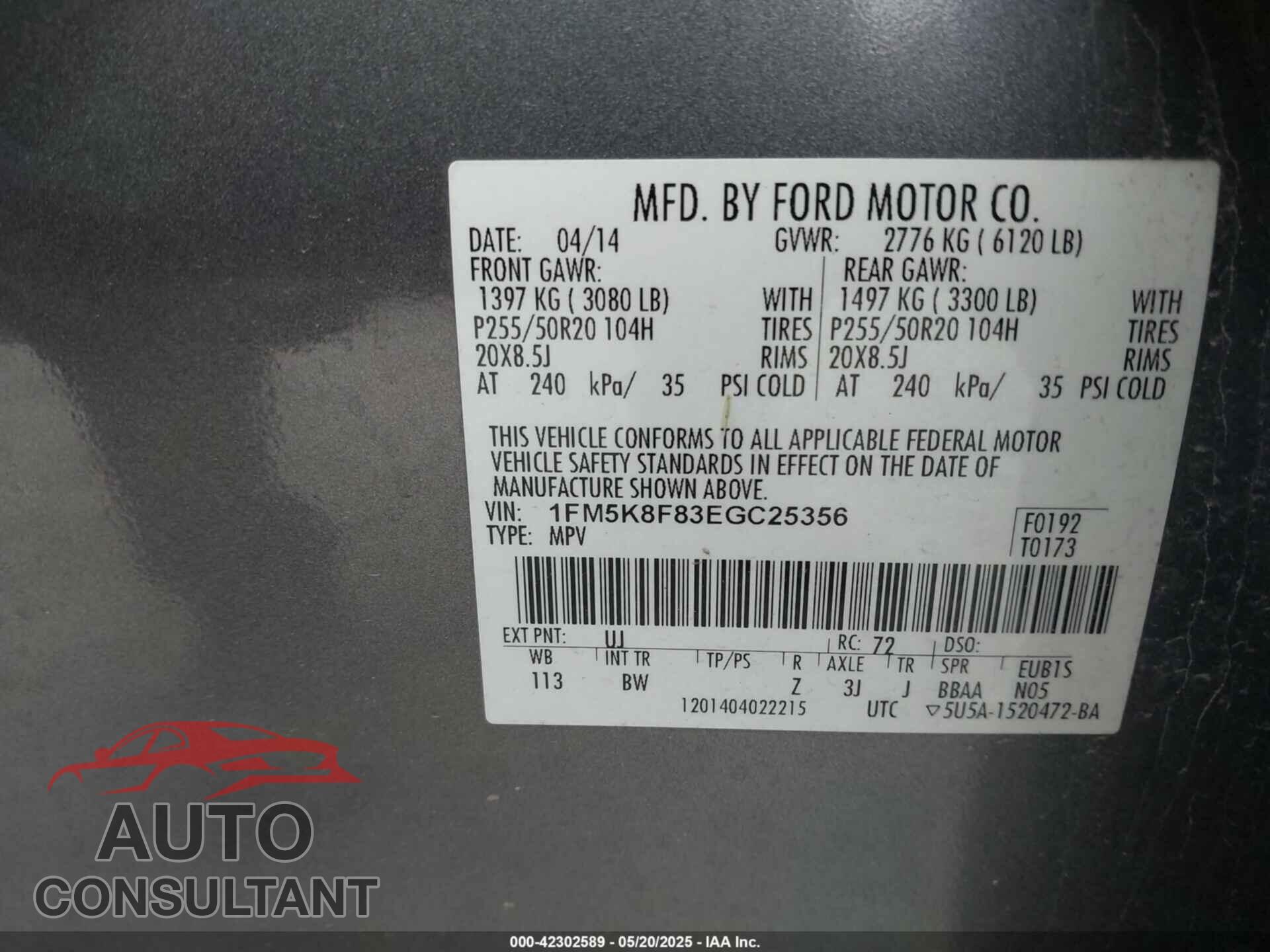 FORD EXPLORER 2014 - 1FM5K8F83EGC25356