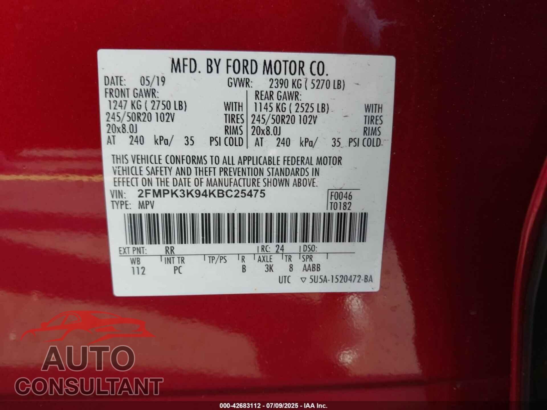 FORD EDGE 2019 - 2FMPK3K94KBC25475