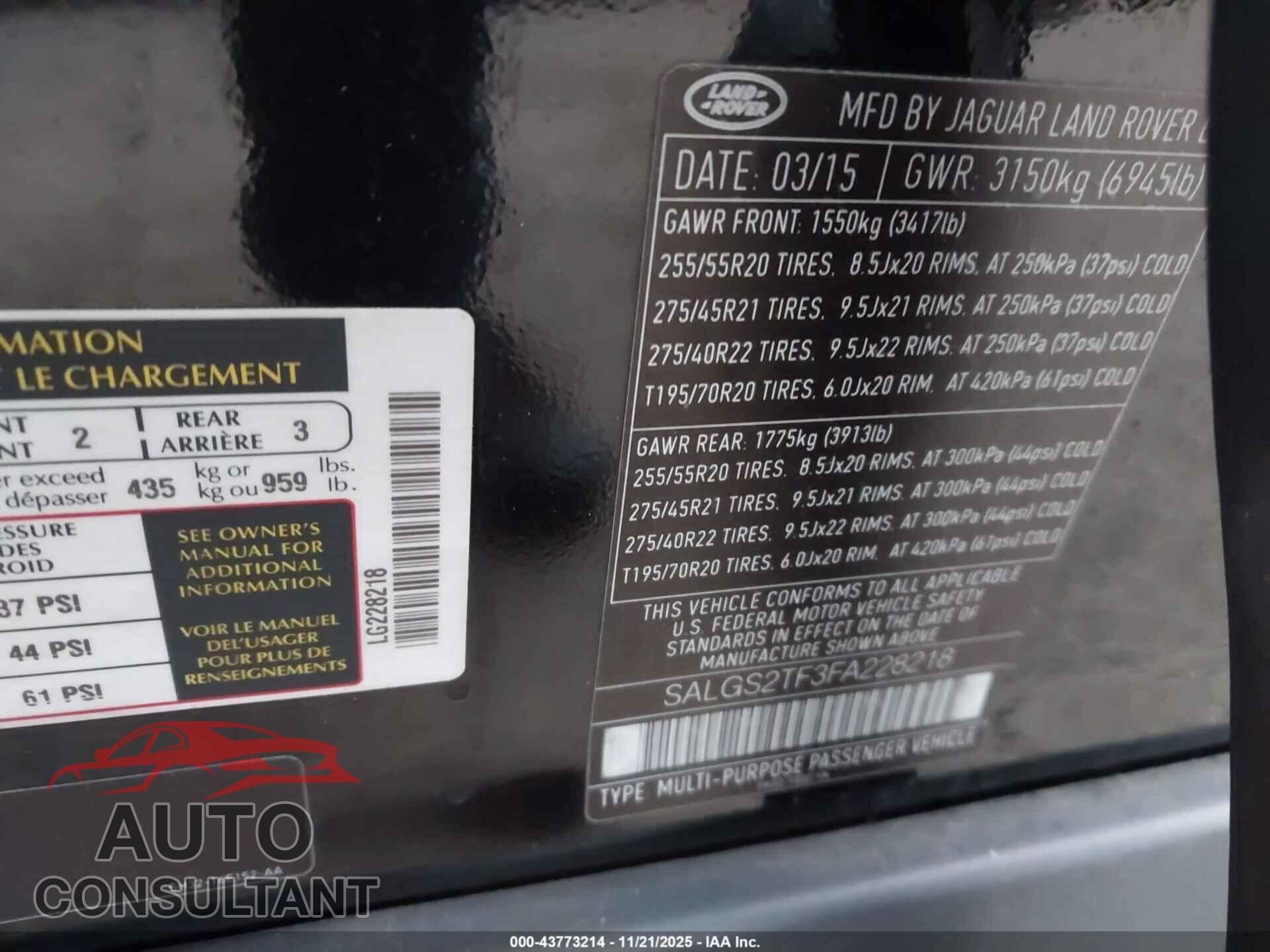 LAND ROVER RANGE ROVER 2015 - SALGS2TF3FA228218