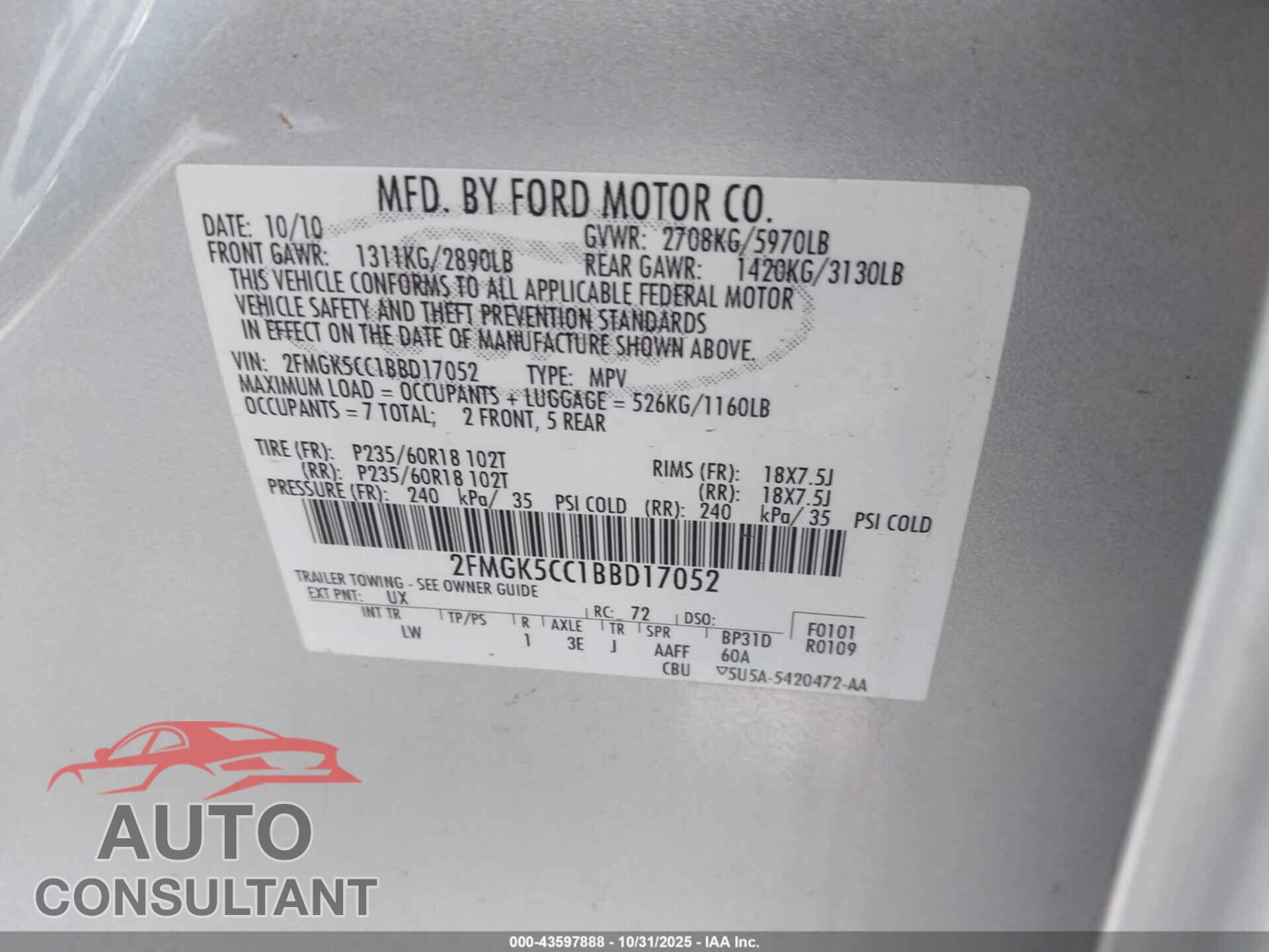 FORD FLEX 2011 - 2FMGK5CC1BBD17052