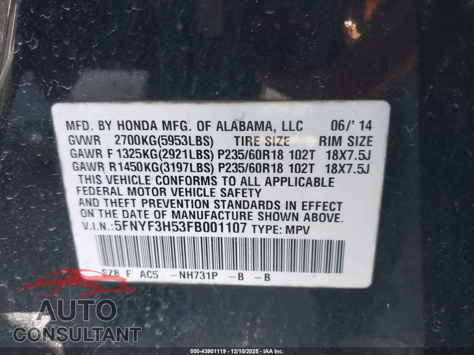 HONDA PILOT 2015 - 5FNYF3H53FB001107