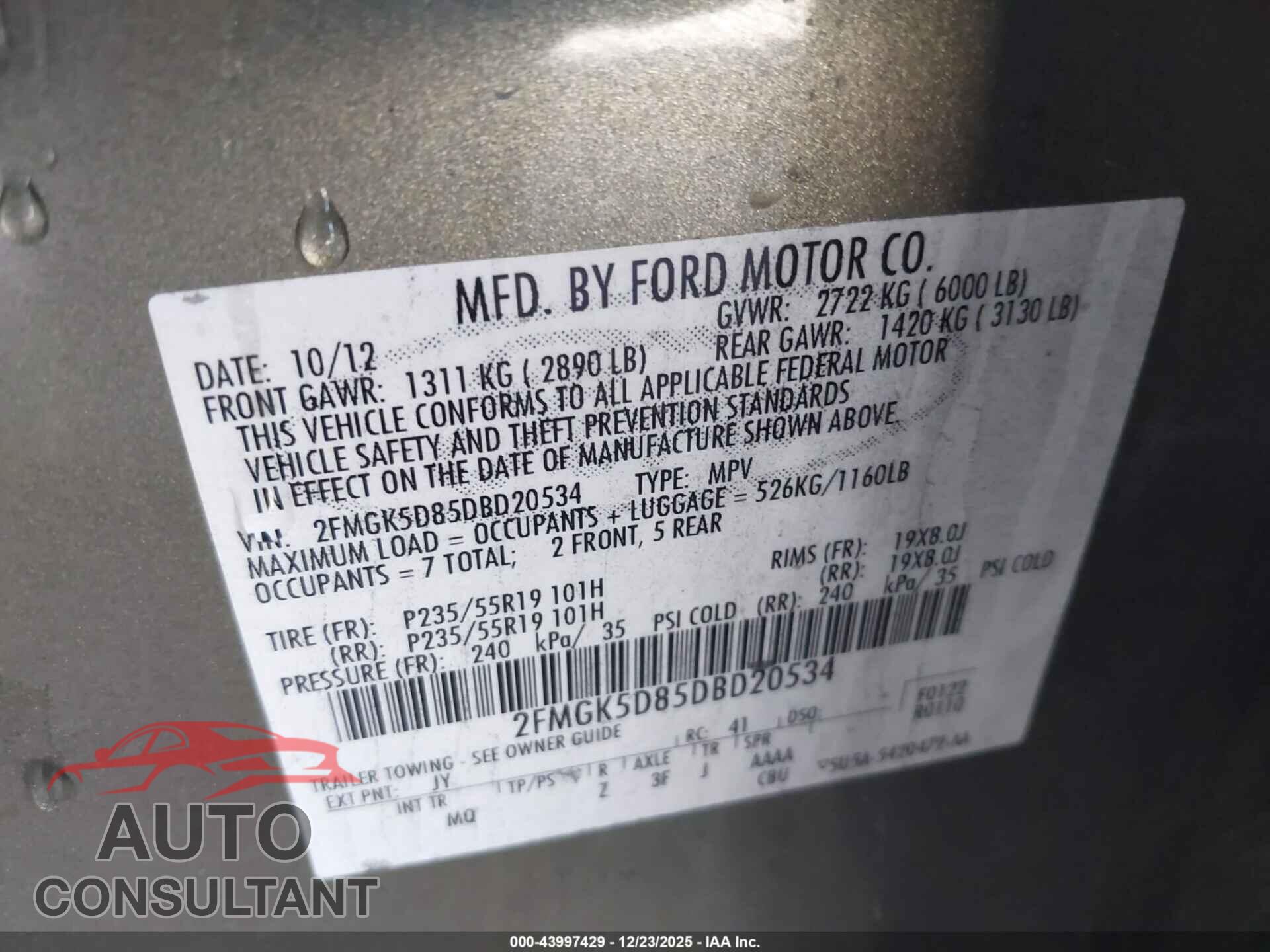 FORD FLEX 2013 - 2FMGK5D85DBD20534