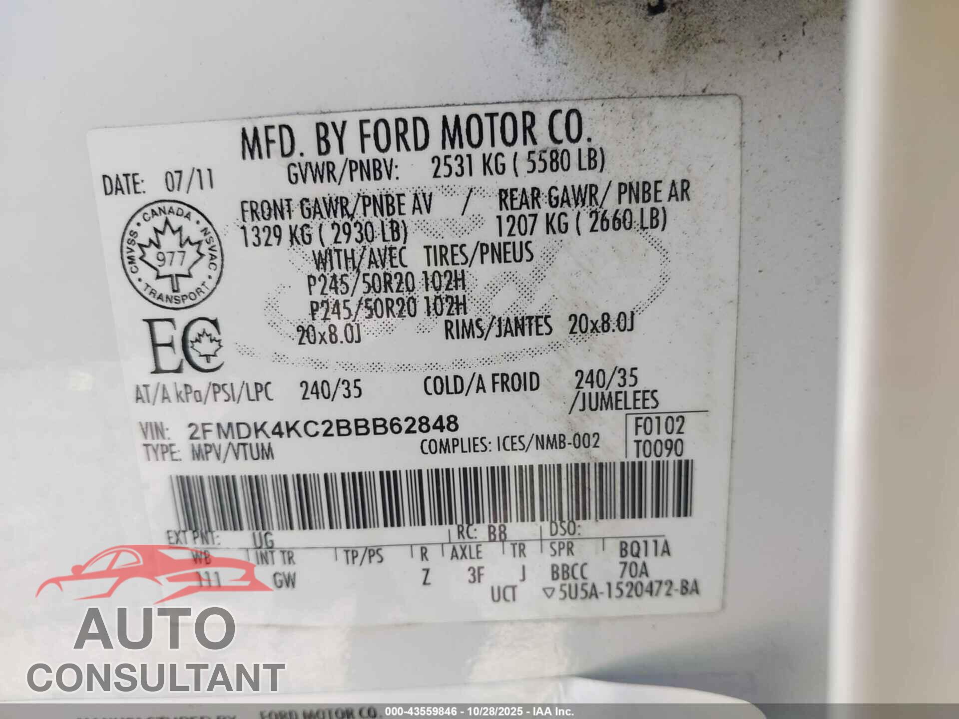 FORD EDGE 2011 - 2FMDK4KC2BBB62848