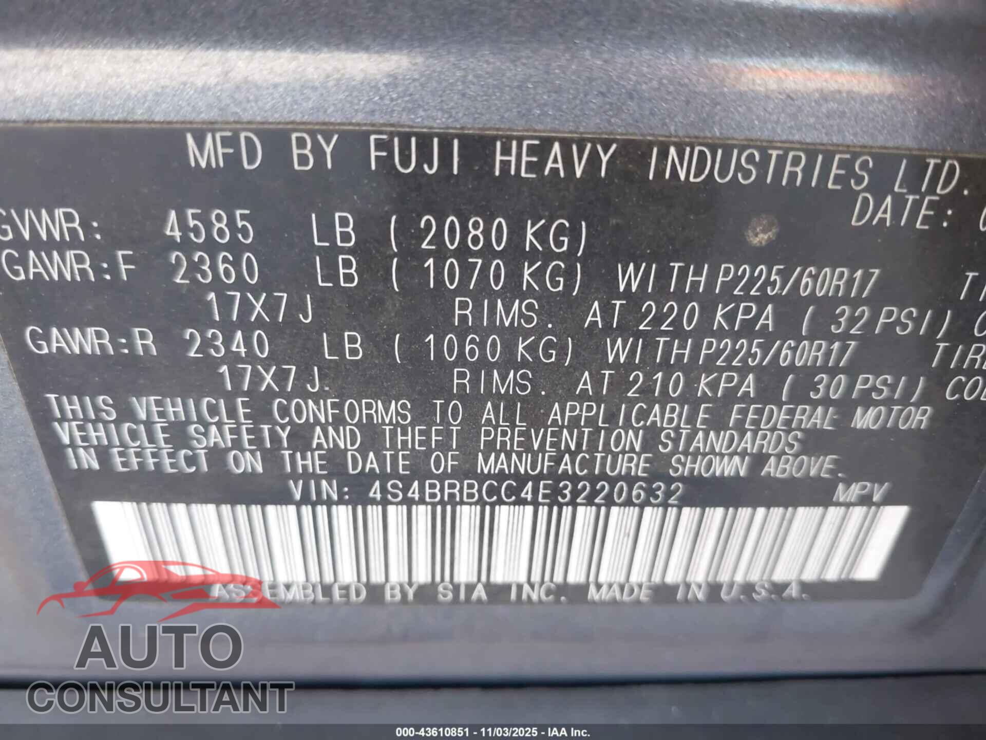SUBARU OUTBACK 2014 - 4S4BRBCC4E3220632